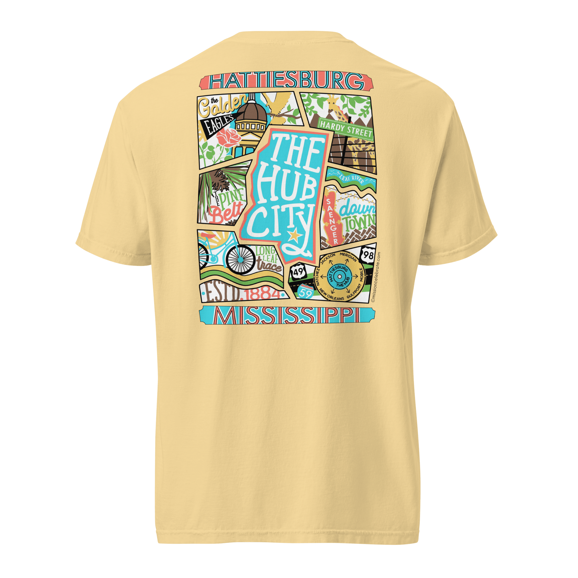 Hattiesburg Mississippi T-Shirt: Hub City Collage Art by Leslie Gonce, Comfort Colors Tee