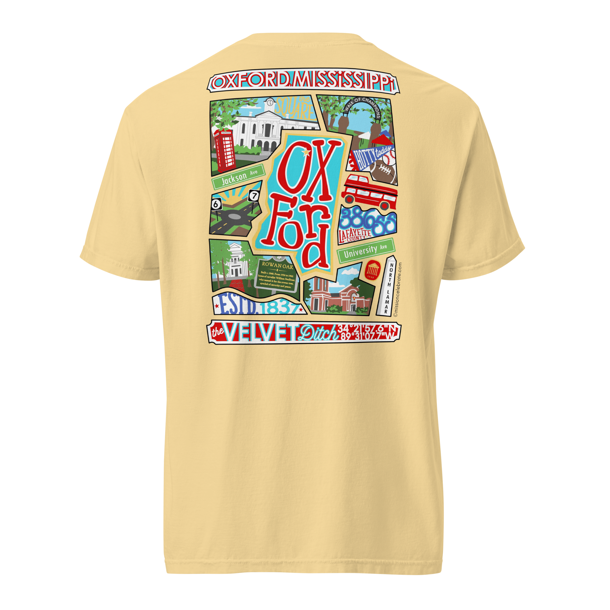 Oxford The Velvet Ditch Collage Art by Mississippi Artist ©LeslieGonce Comfort Colors Short Sleeve Tees (MISSISSIPPI)