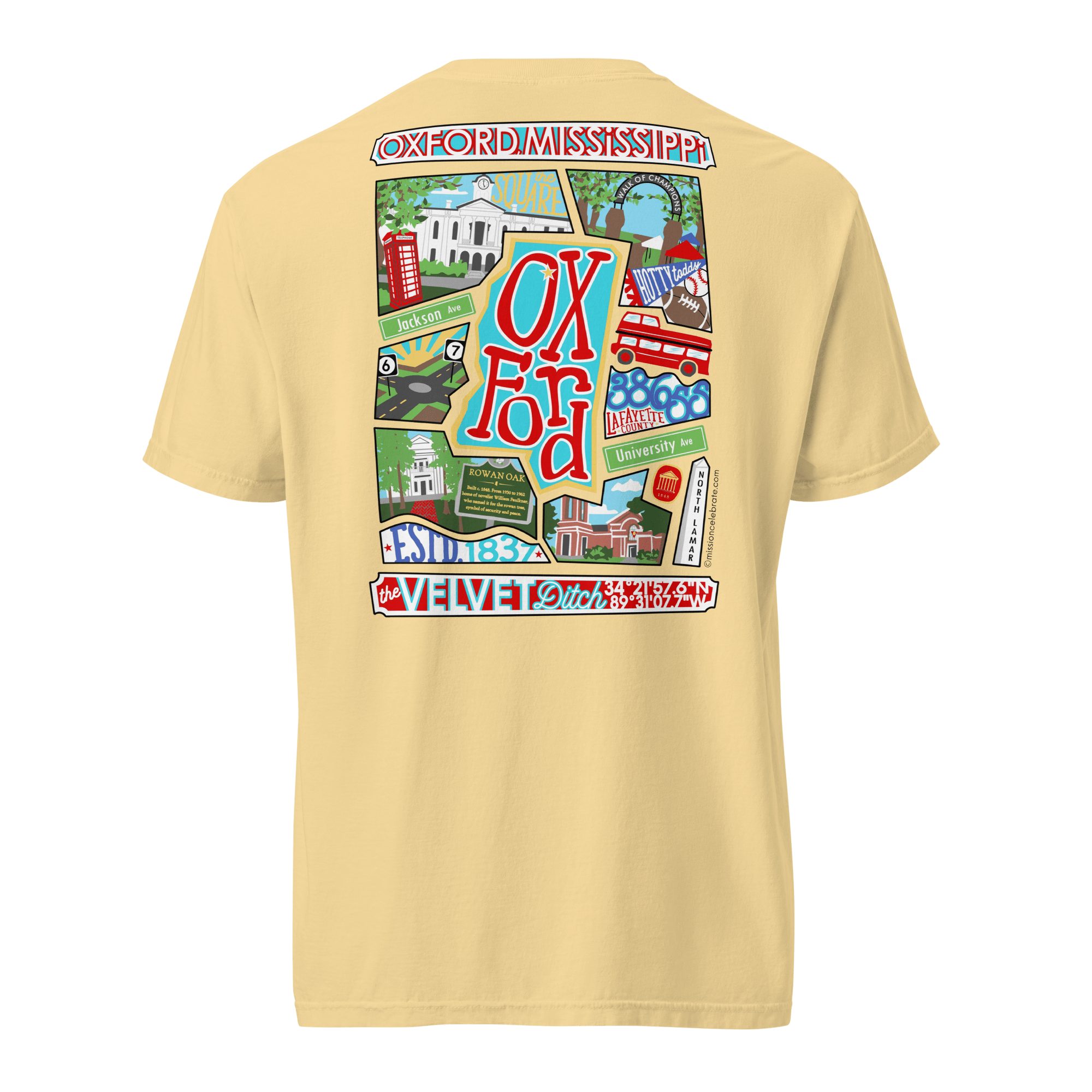 Oxford The Velvet Ditch Collage Art by Mississippi Artist ©LeslieGonce Comfort Colors Short Sleeve Tees (MISSISSIPPI)