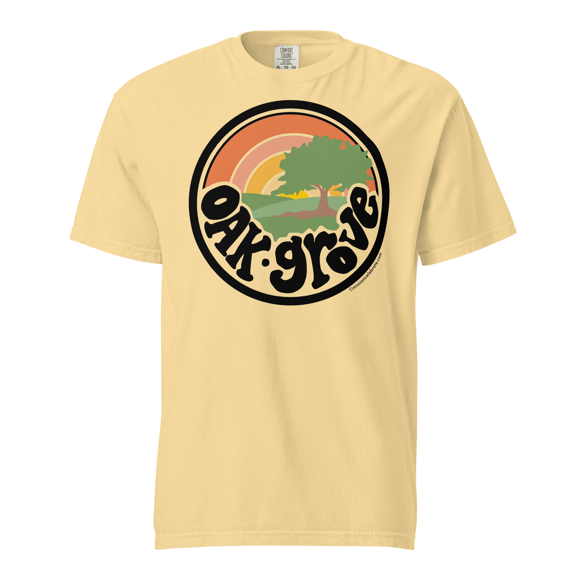 Oak Grove "Retro Sunrise" Handlettered Art by © Leslie Gonce Comfort Colors Short Sleeve Tee (MISSISSIPPI)