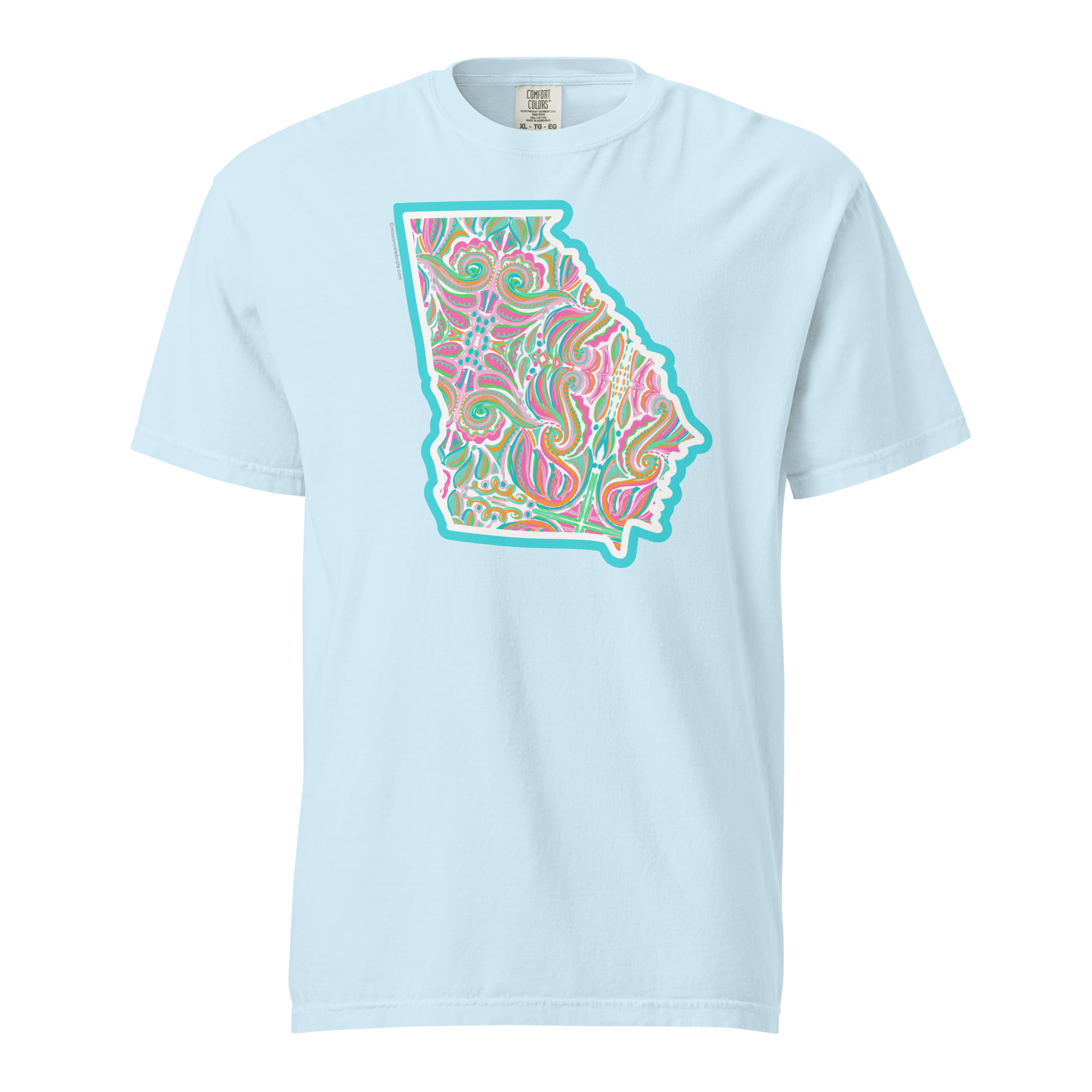 Georgia T-shirt: Abstract Art by Leslie Gonce - Comfort Colors Tee. Souther Artist Design. Georgia state outline on a light blue tee.
