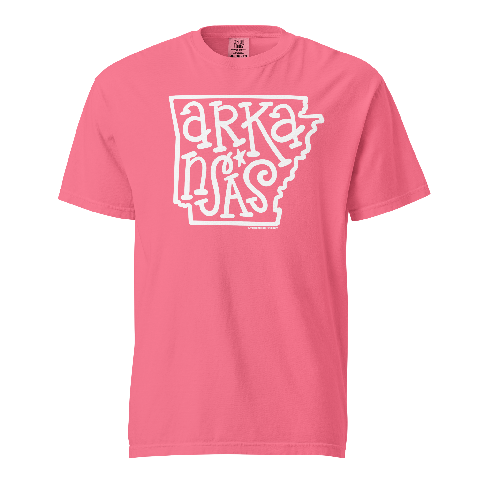 Pink Arkansas T-Shirt with White Hand Lettered Design by Leslie Gonce. Show your state pride!