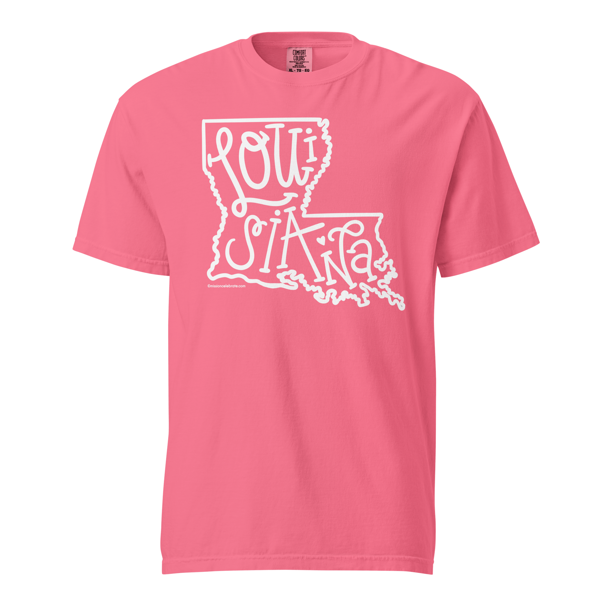 Louisiana State Outline T-Shirt - White Hand-Lettered Design on Pink Comfort Colors Tee