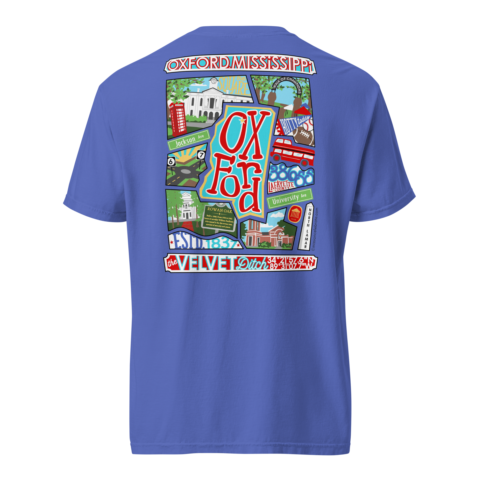 Oxford The Velvet Ditch Collage Art by Mississippi Artist ©LeslieGonce Comfort Colors Short Sleeve Tees (MISSISSIPPI)