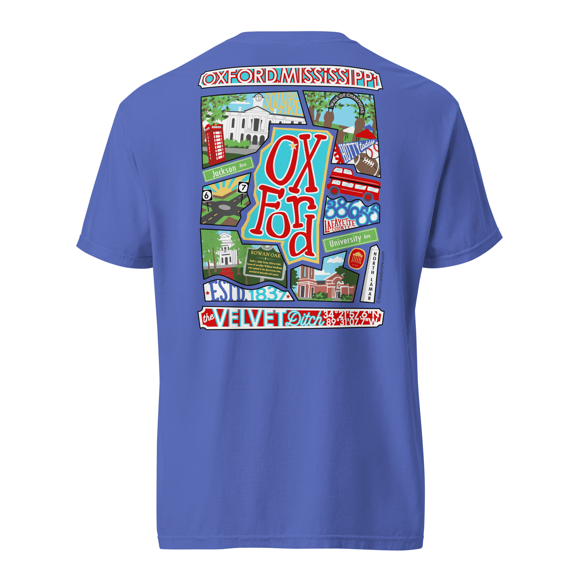 Oxford The Velvet Ditch Collage Art by Mississippi Artist ©LeslieGonce Comfort Colors Short Sleeve Tees (MISSISSIPPI)