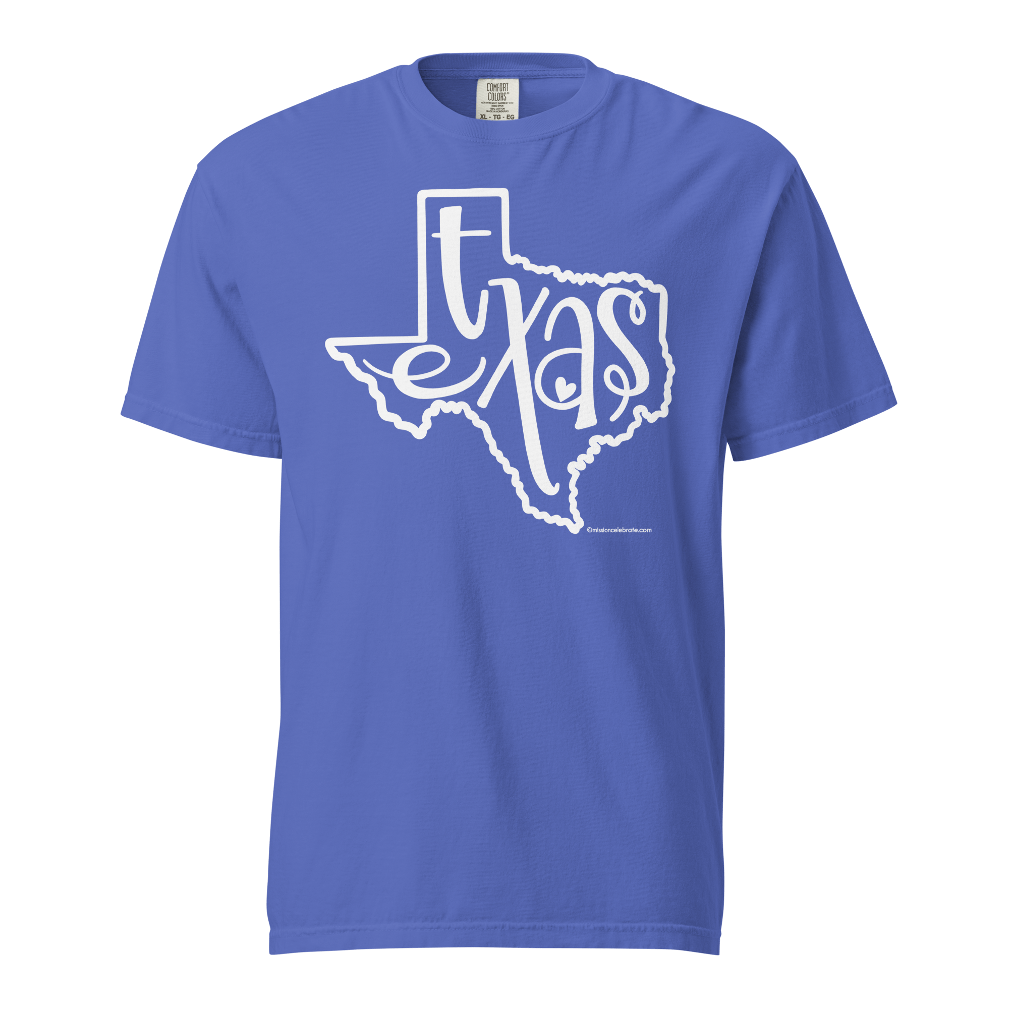 Texas T-shirt: White Handlettered Design on Blue Comfort Colors Tee