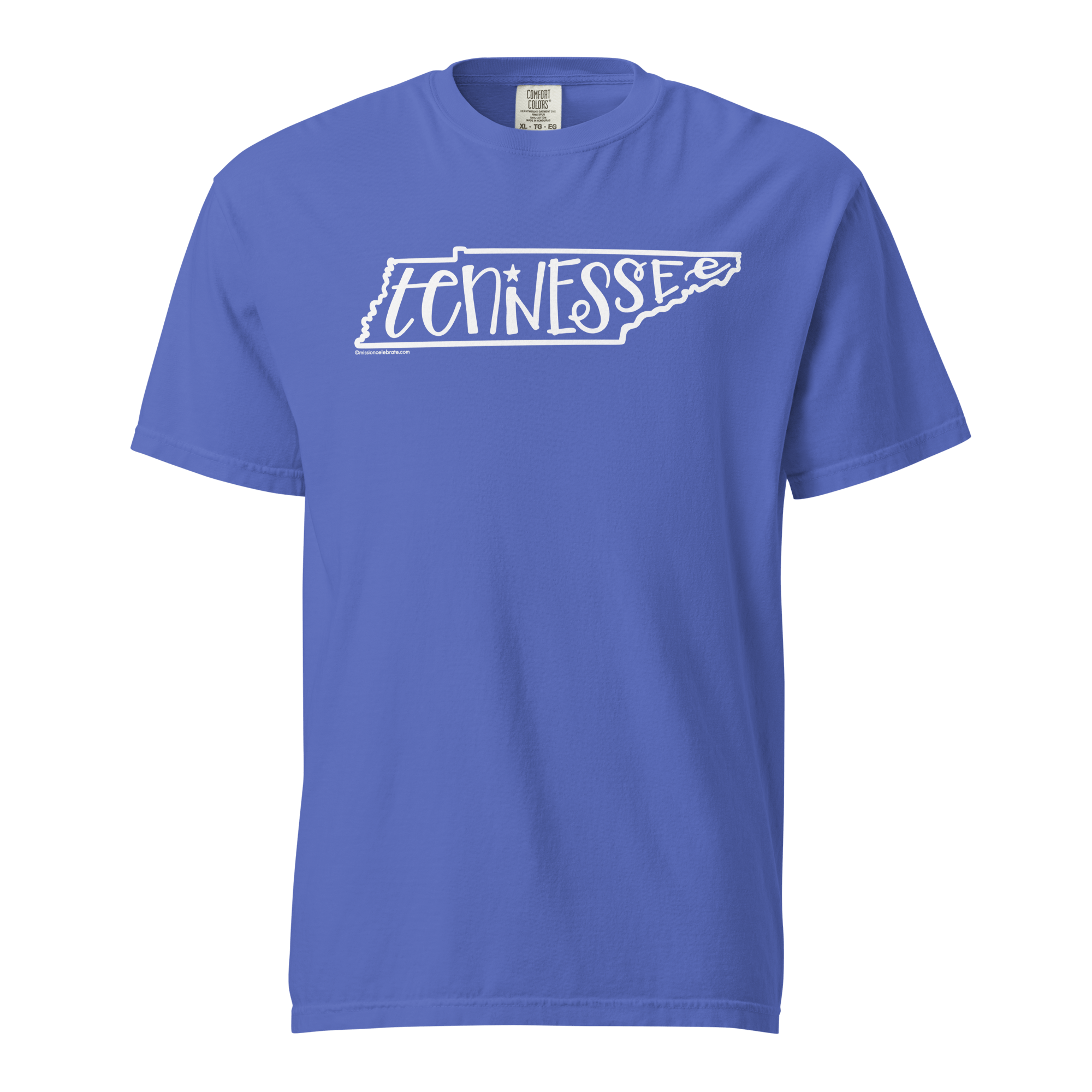 Tennessee State T-Shirt: White Bouncy Letters Handlettered Art on Blue Comfort Colors Tee.