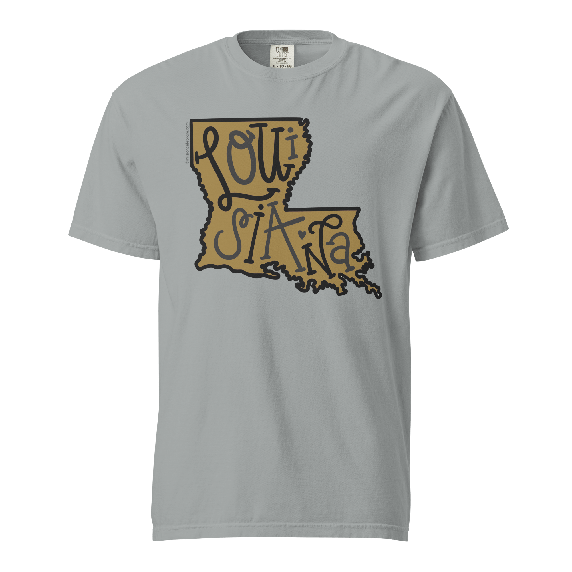 Louisiana T-Shirt: Gold State Outline, Black Handlettered Design, Comfort Colors by Main Street Collective