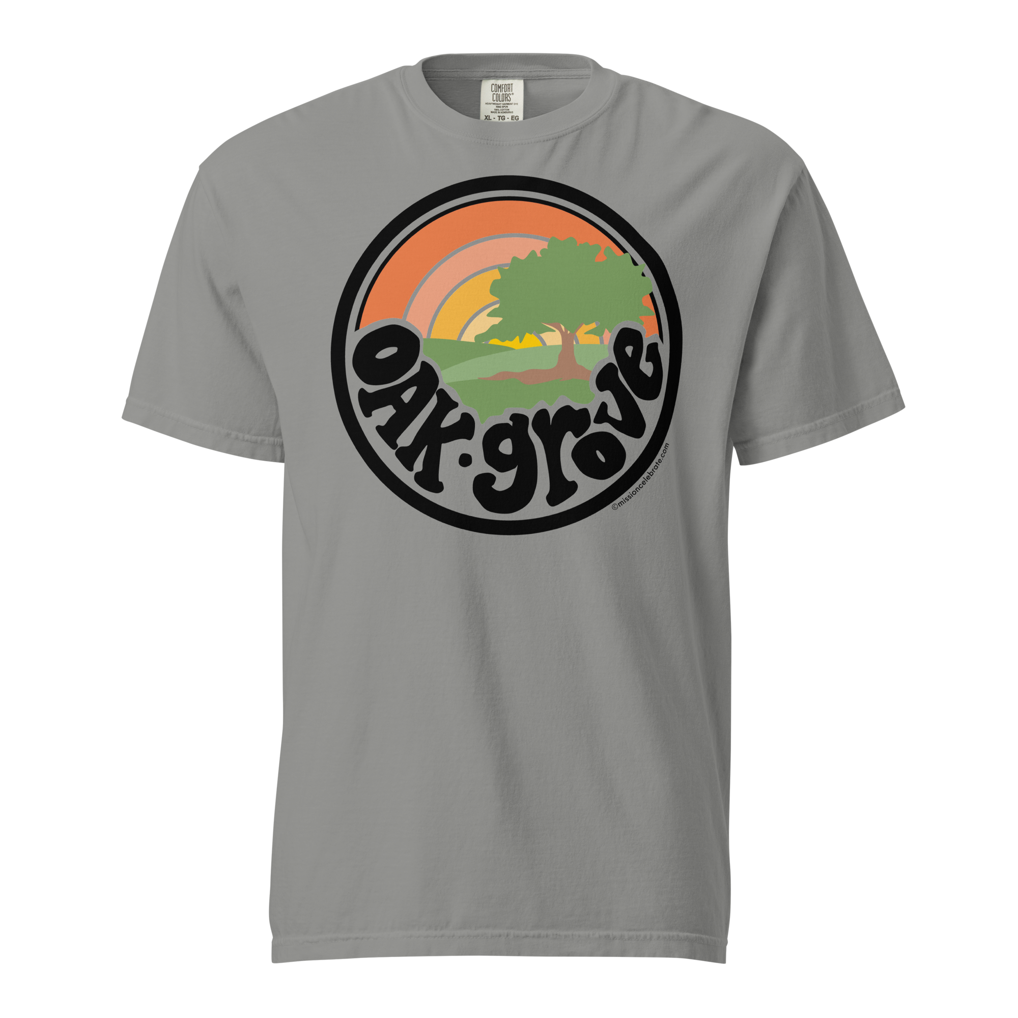 Oak Grove "Retro Sunrise" Handlettered Art by © Leslie Gonce Comfort Colors Short Sleeve Tee (MISSISSIPPI)