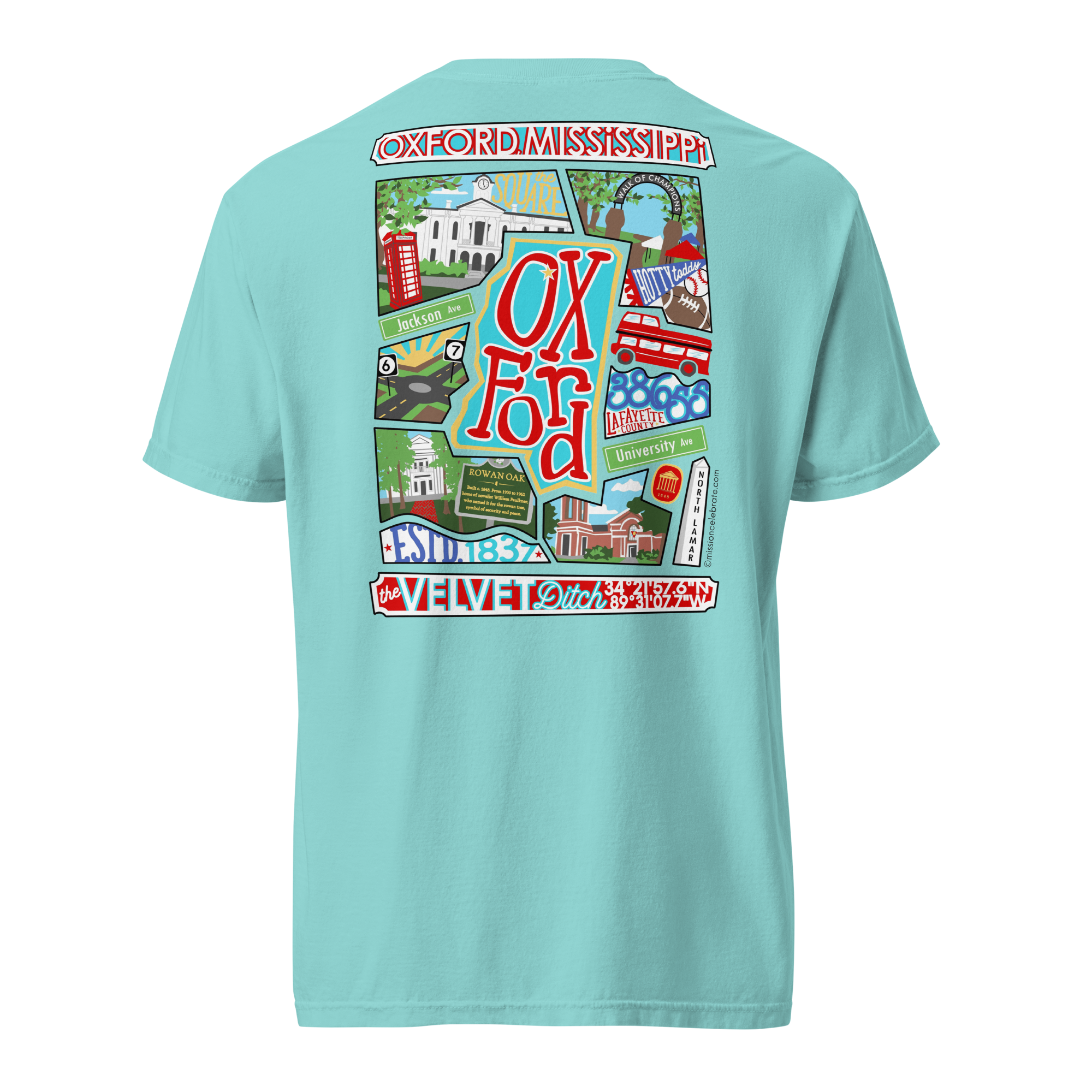 Oxford The Velvet Ditch Collage Art by Mississippi Artist ©LeslieGonce Comfort Colors Short Sleeve Tees (MISSISSIPPI)