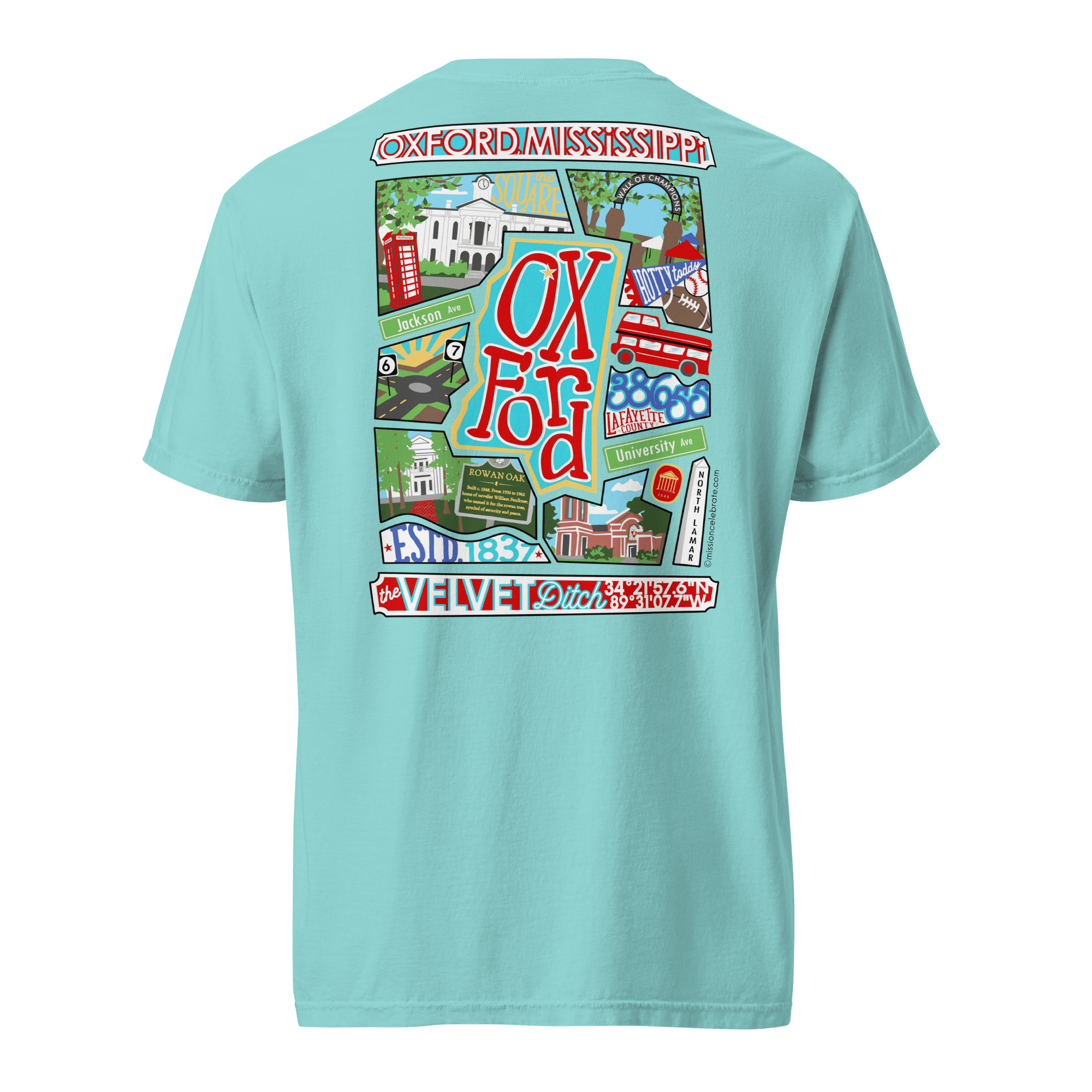 Oxford The Velvet Ditch Collage Art by Mississippi Artist ©LeslieGonce Comfort Colors Short Sleeve Tees (MISSISSIPPI)