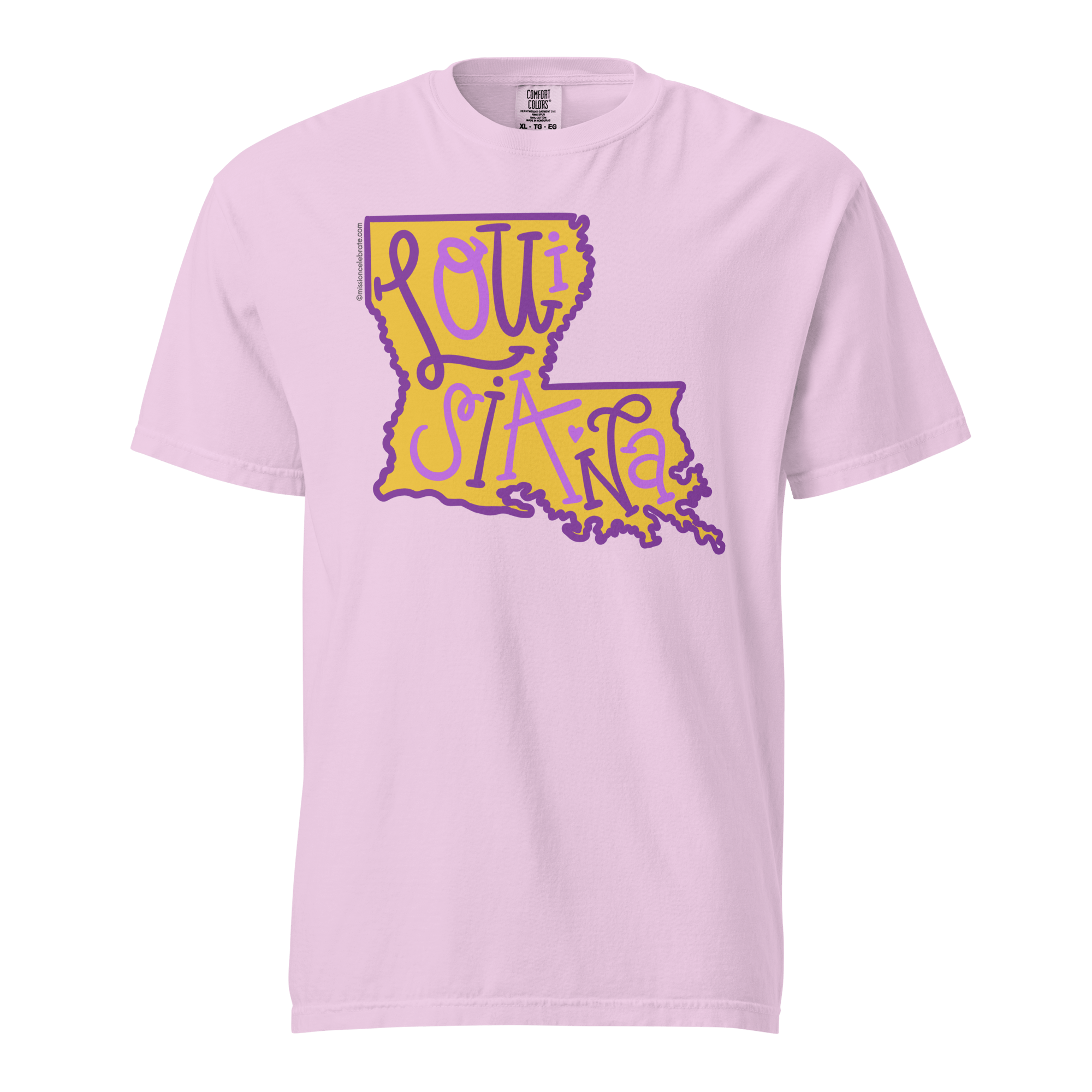 Louisiana State Map T-Shirt: Purple & Gold Handlettered Art on Pink Comfort Colors Tee