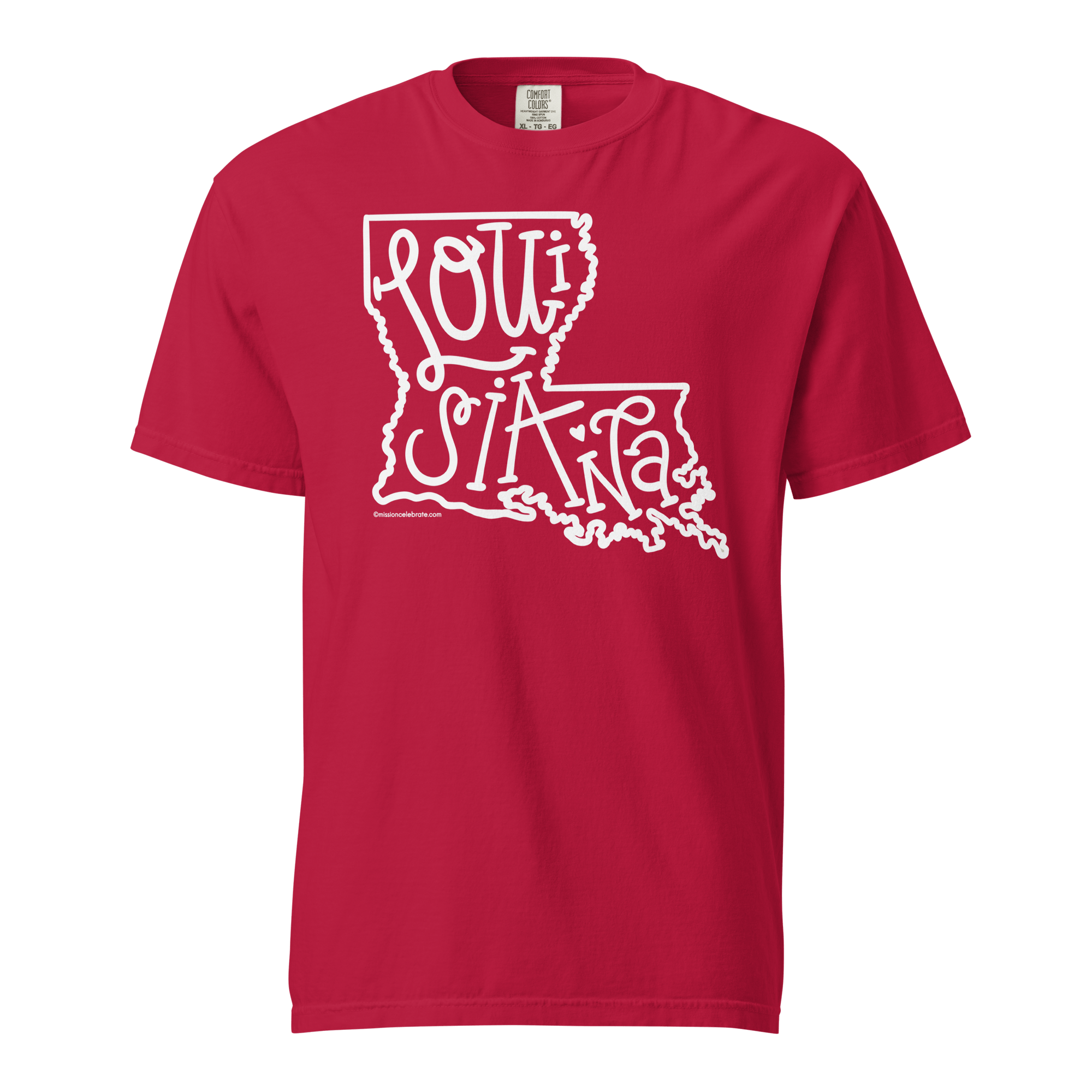 Louisiana T-shirt: White State Map with Hand-Lettered Text on Red Comfort Colors Tee