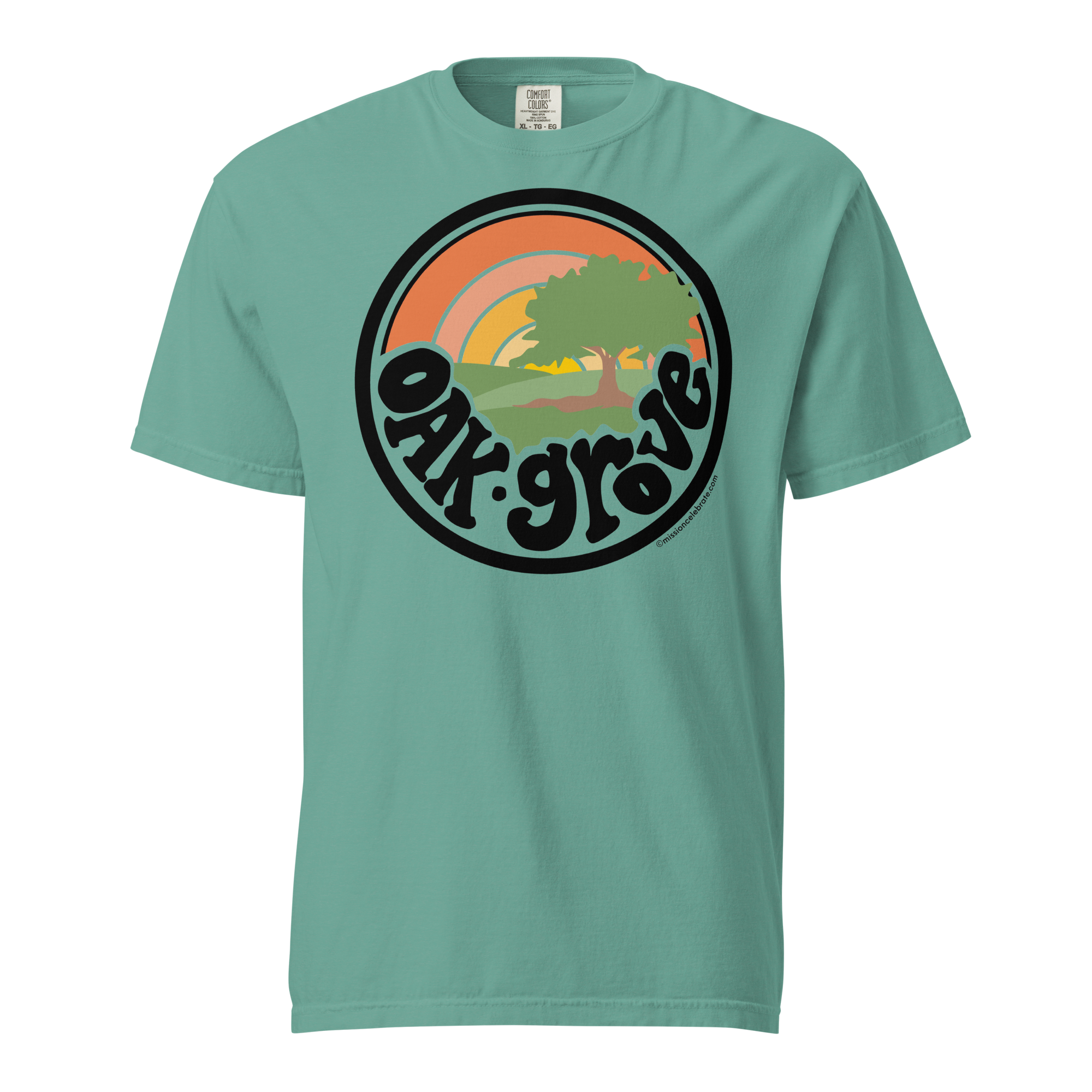 Oak Grove "Retro Sunrise" Handlettered Art by © Leslie Gonce Comfort Colors Short Sleeve Tee (MISSISSIPPI)