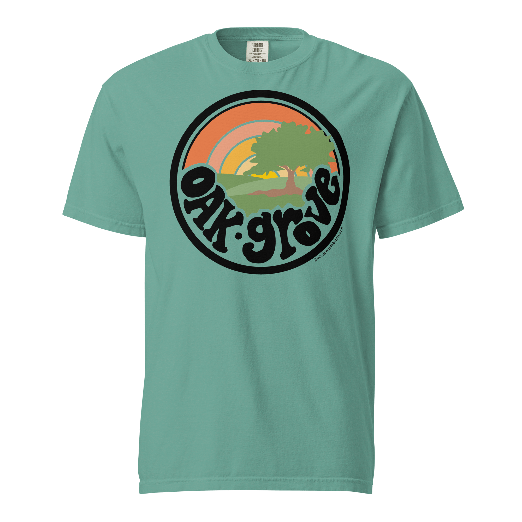 Oak Grove "Retro Sunrise" Handlettered Art by © Leslie Gonce Comfort Colors Short Sleeve Tee (MISSISSIPPI)