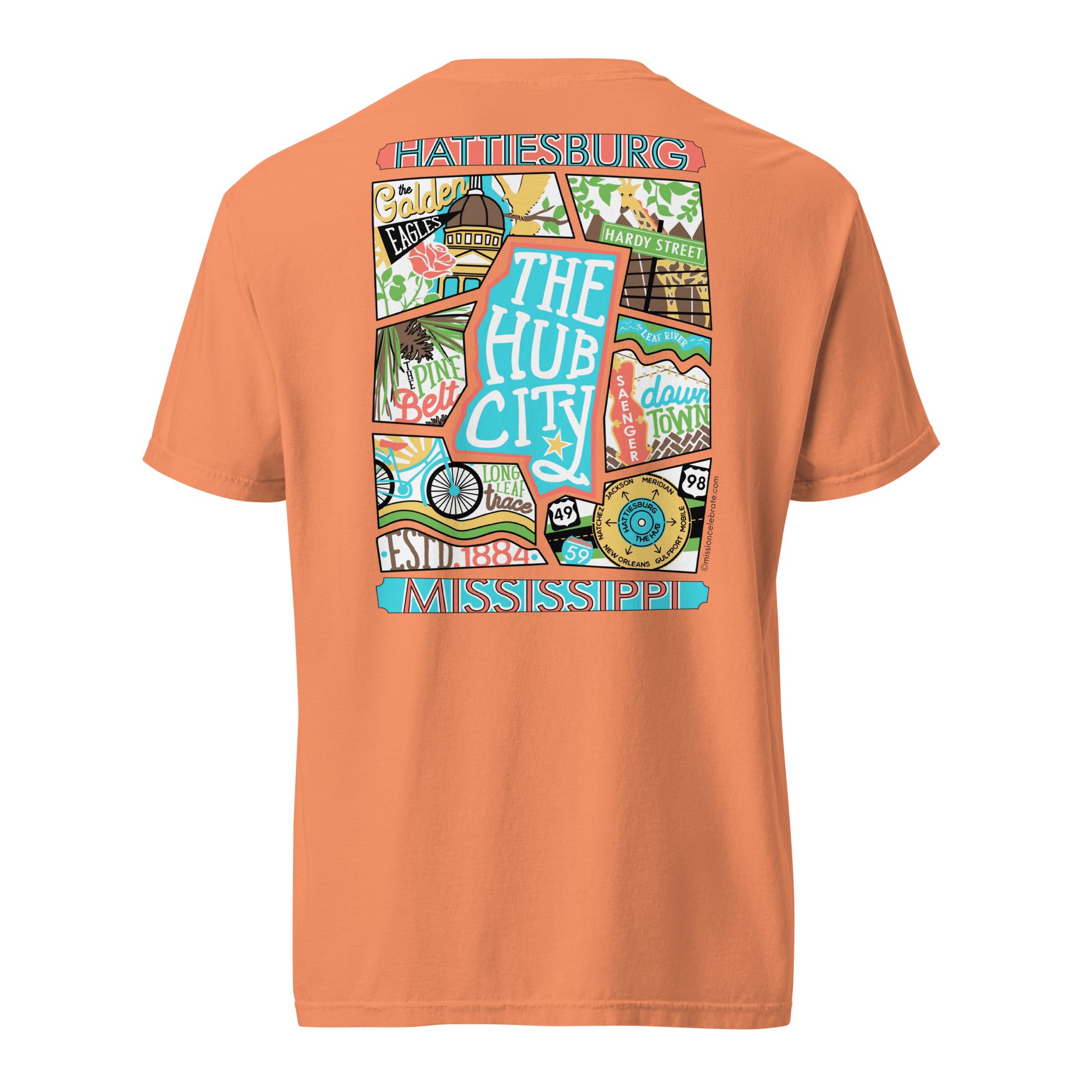 Hattiesburg Mississippi T-Shirt: Collage Art Design by Leslie Gonce, featuring local landmarks and culture. Shop Main Street Collective!