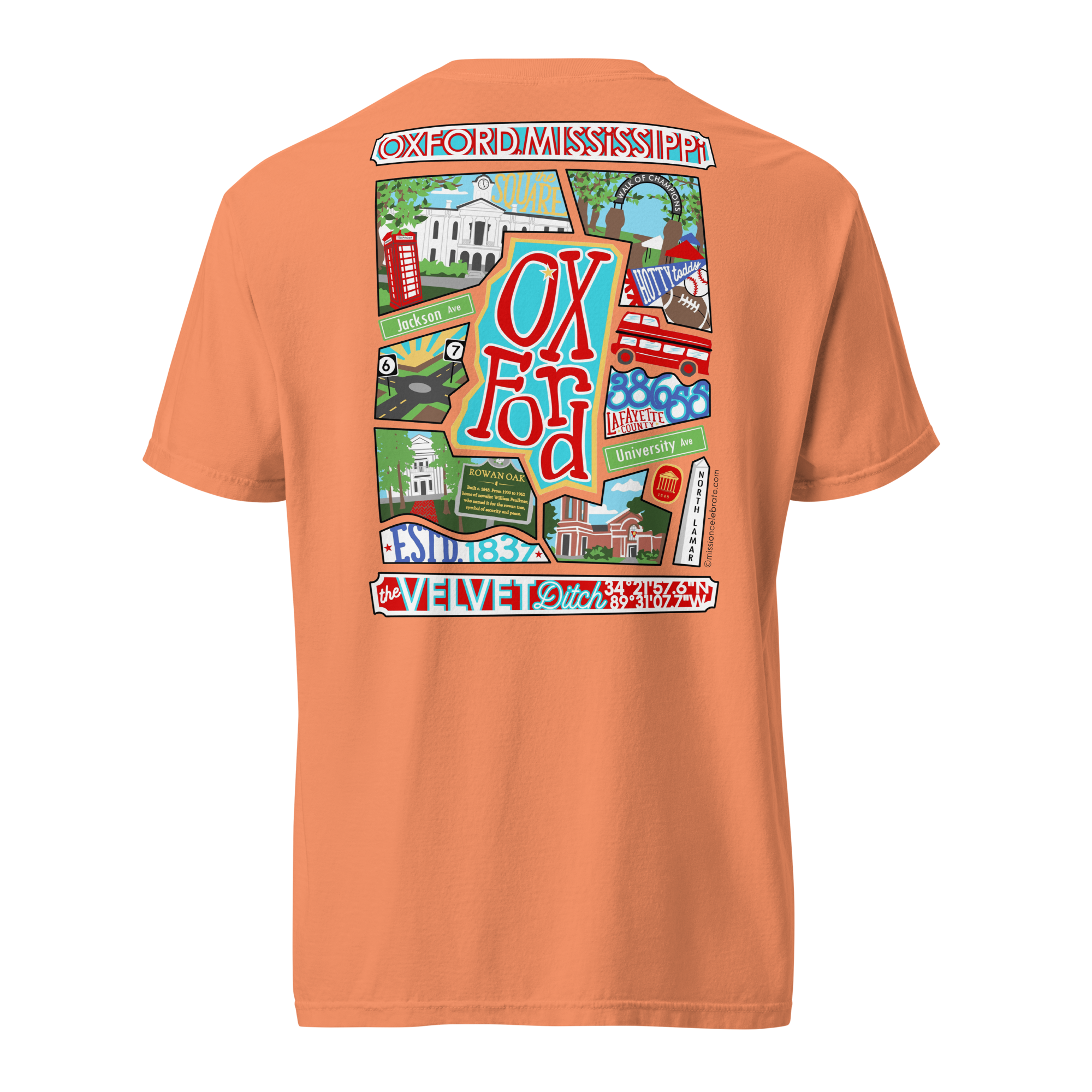 Oxford The Velvet Ditch Collage Art by Mississippi Artist ©LeslieGonce Comfort Colors Short Sleeve Tees (MISSISSIPPI)