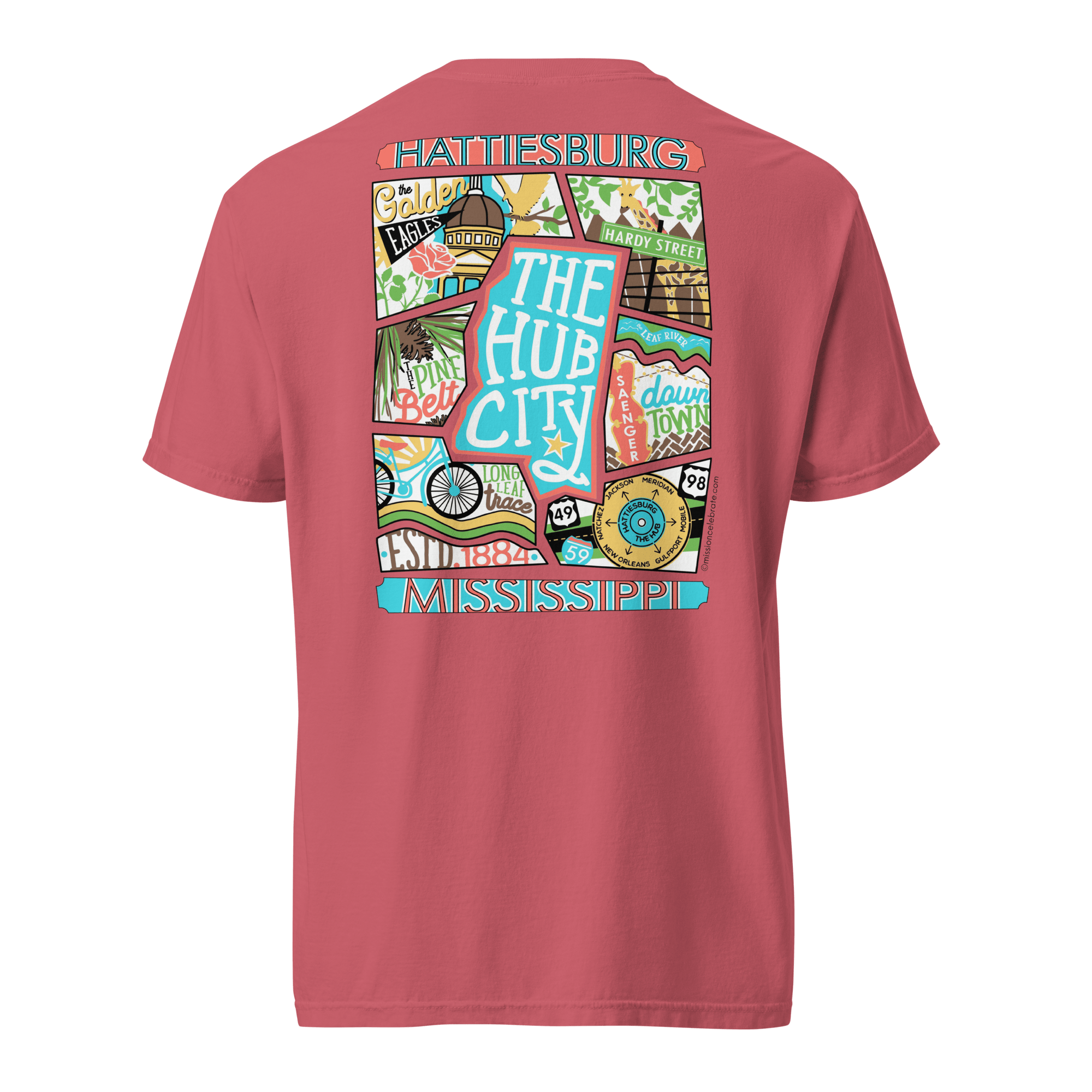 Hattiesburg The Hub City Collage Art by Mississippi Artist ©LeslieGonce Comfort Colors Short Sleeve Tees (MISSISSIPPI)