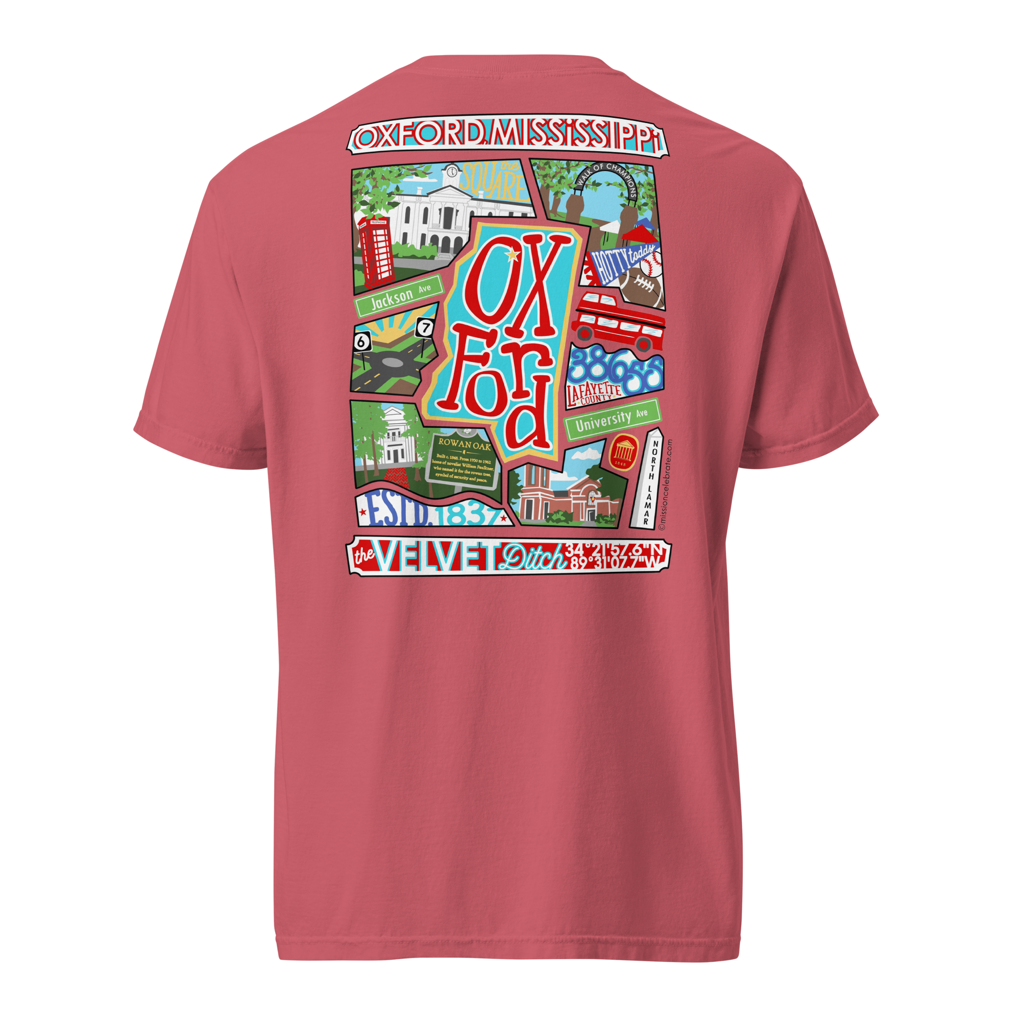 Oxford The Velvet Ditch Collage Art by Mississippi Artist ©LeslieGonce Comfort Colors Short Sleeve Tees (MISSISSIPPI)