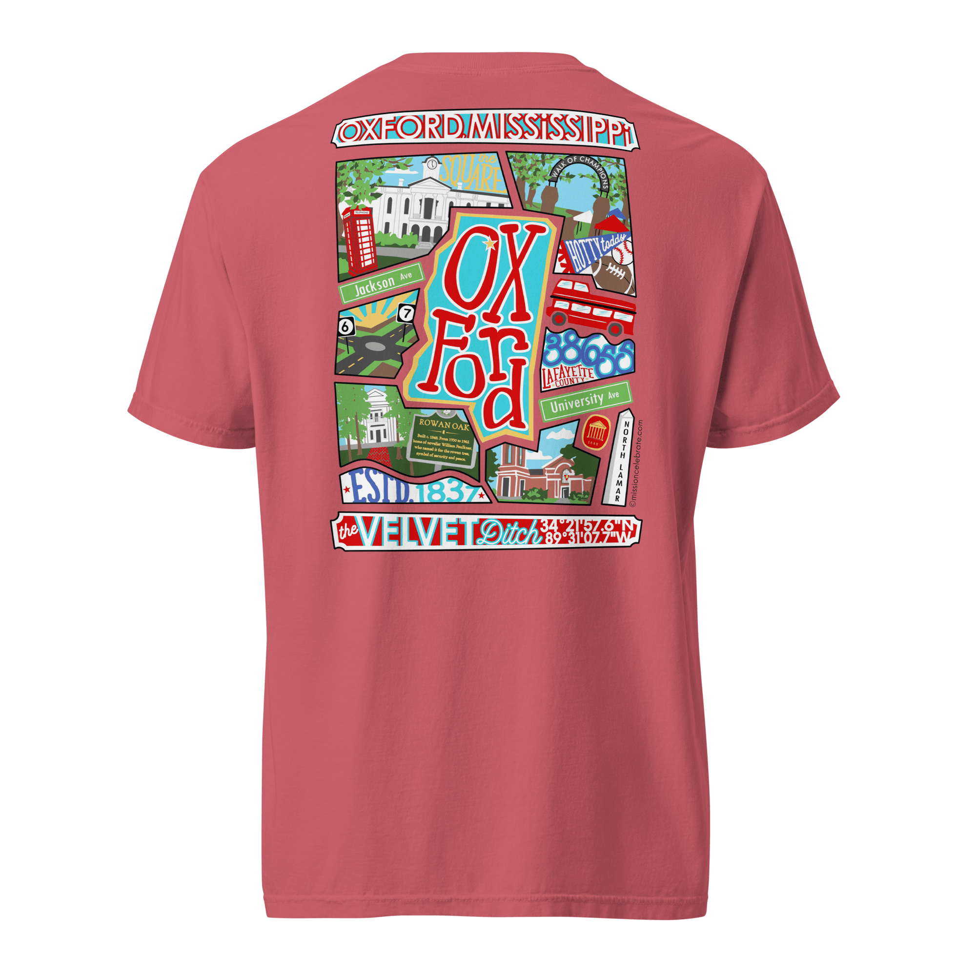 Oxford The Velvet Ditch Collage Art by Mississippi Artist ©LeslieGonce Comfort Colors Short Sleeve Tees (MISSISSIPPI)