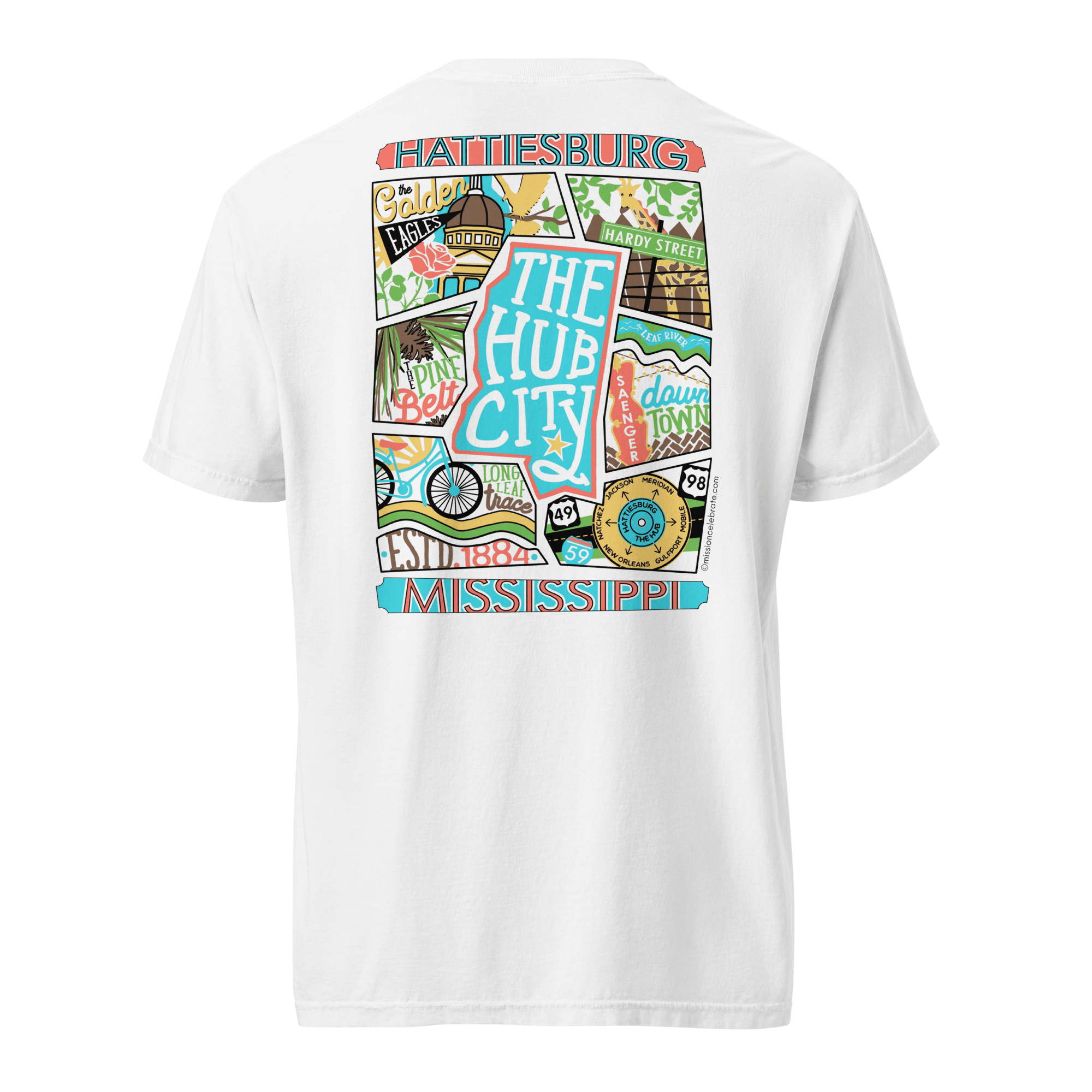 Hattiesburg The Hub City Collage Art by Mississippi Artist ©LeslieGonce Comfort Colors Short Sleeve Tees (MISSISSIPPI)