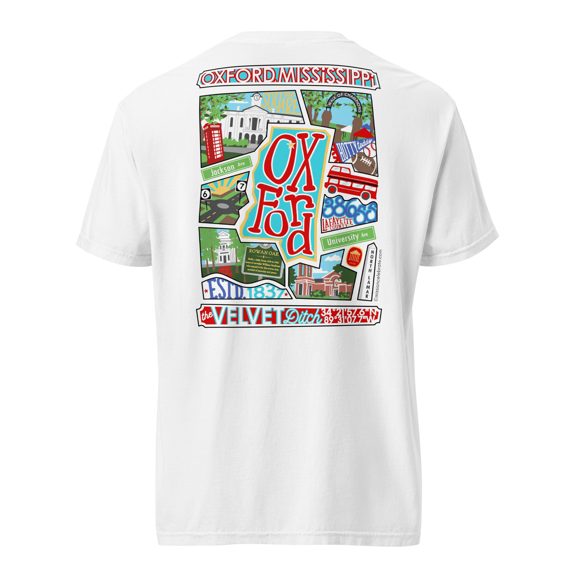 Oxford The Velvet Ditch Collage Art by Mississippi Artist ©LeslieGonce Comfort Colors Short Sleeve Tees (MISSISSIPPI)