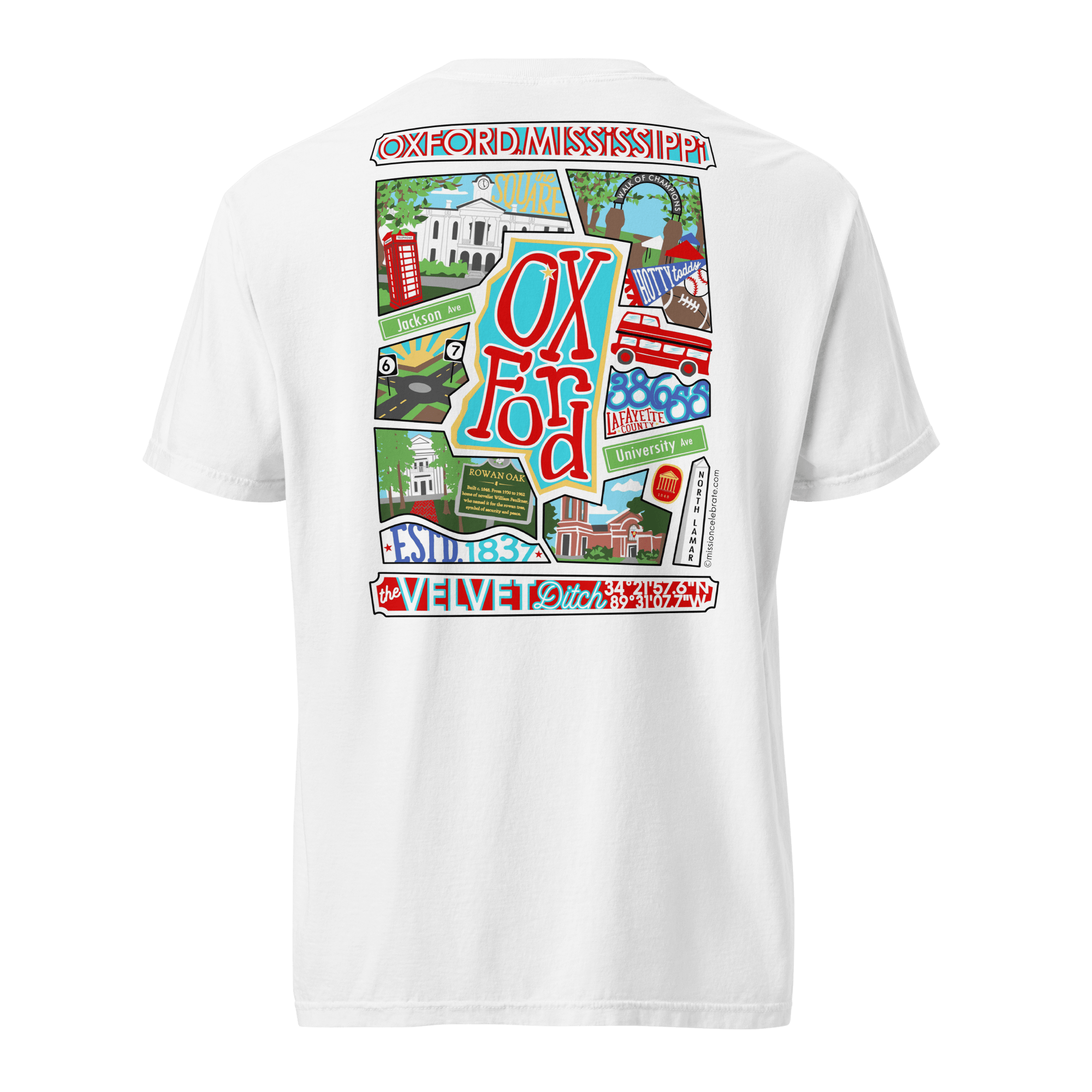 Oxford The Velvet Ditch Collage Art by Mississippi Artist ©LeslieGonce Comfort Colors Short Sleeve Tees (MISSISSIPPI)