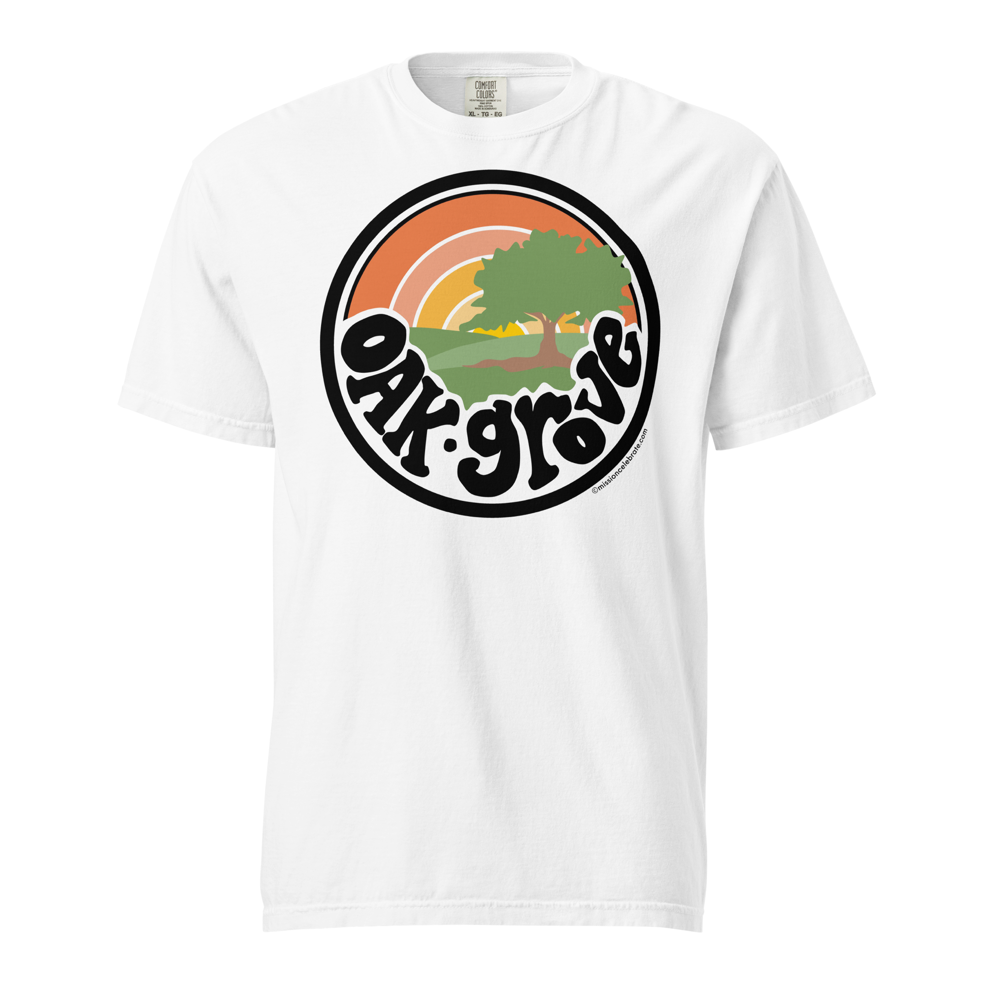 Oak Grove "Retro Sunrise" Handlettered Art by © Leslie Gonce Comfort Colors Short Sleeve Tee (MISSISSIPPI)