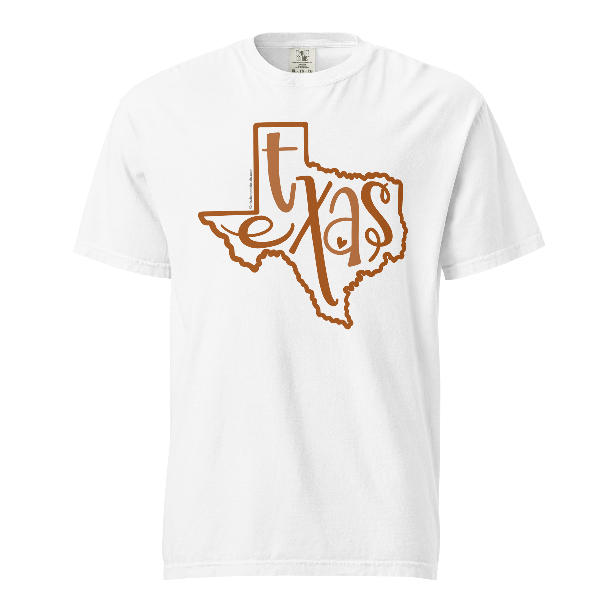 Texas T-shirt, Burnt Orange Bouncy Letters, Comfort Colors Tee, Handlettered Art by Leslie Gonce, Main Street Collective.