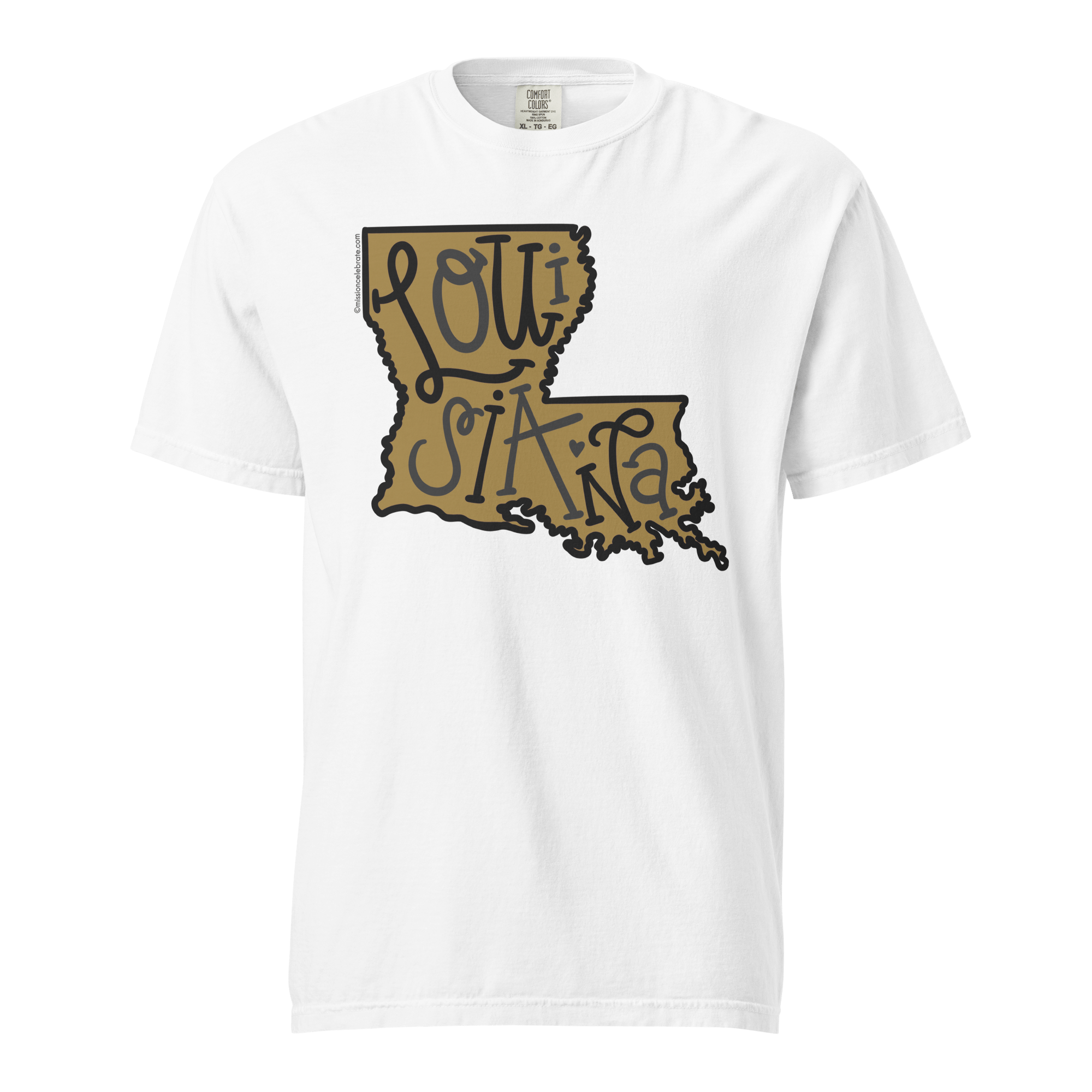 Louisiana T-Shirt: Black & Gold Hand-Lettered Art by Leslie Gonce on White Comfort Colors Tee.