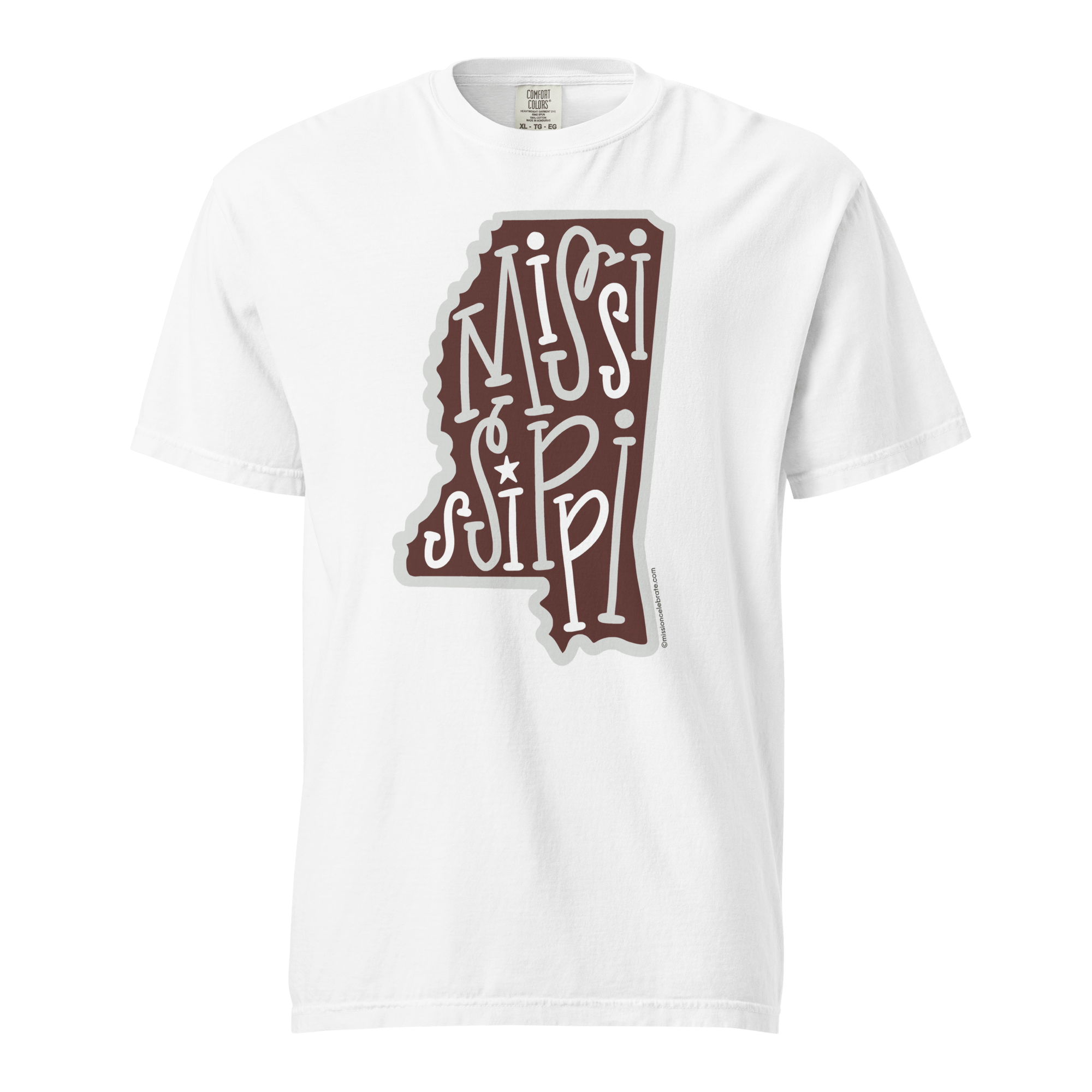 Mississippi T-Shirt: Maroon & Gray Hand-Lettered Design by Leslie Gonce, Comfort Colors Tee