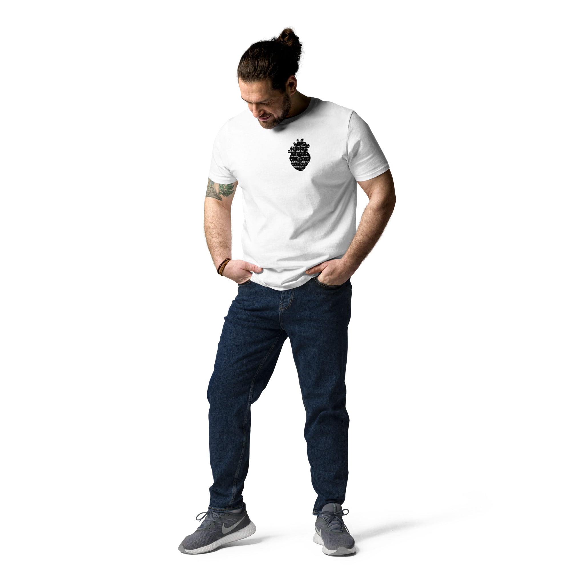 Man in white T-shirt with heart design, casual style. Main Street Collective apparel.