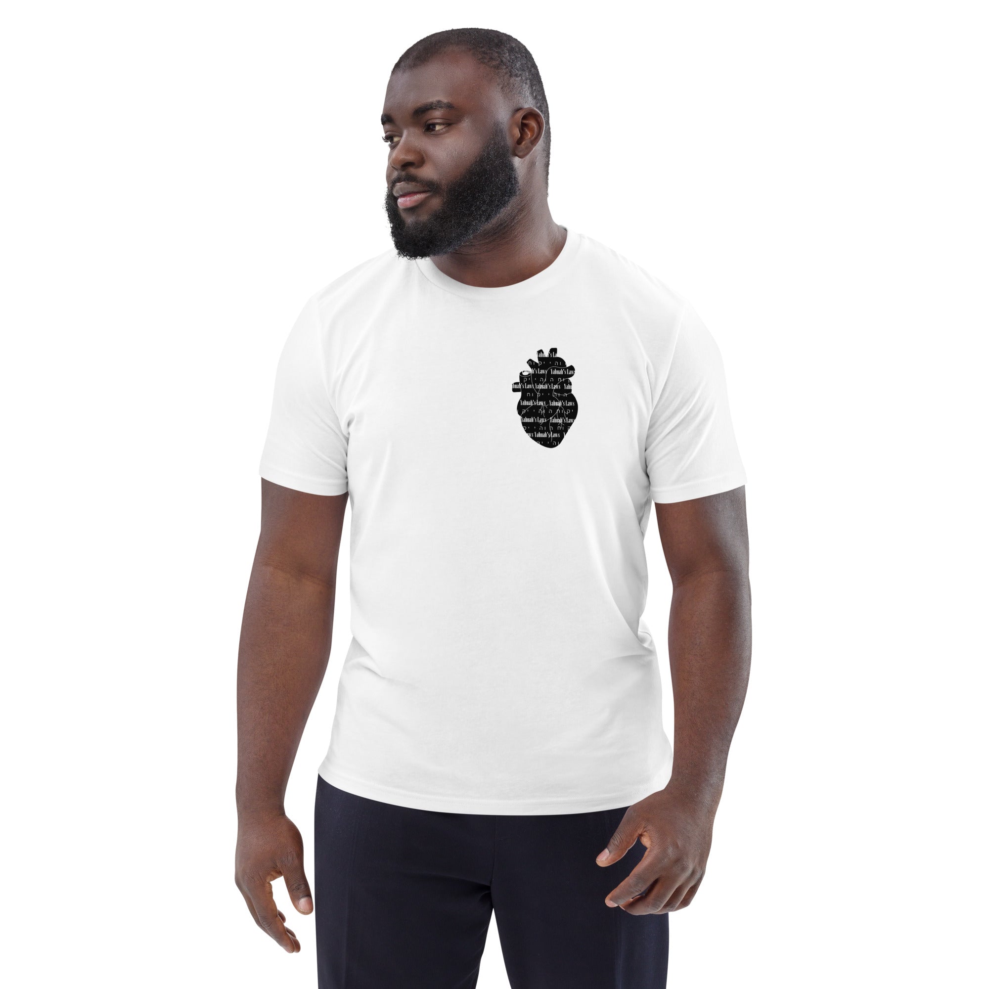 Man in White Organic T-Shirt with Yahvah's Law Heart Design | Unisex Tee by Main Street Collective