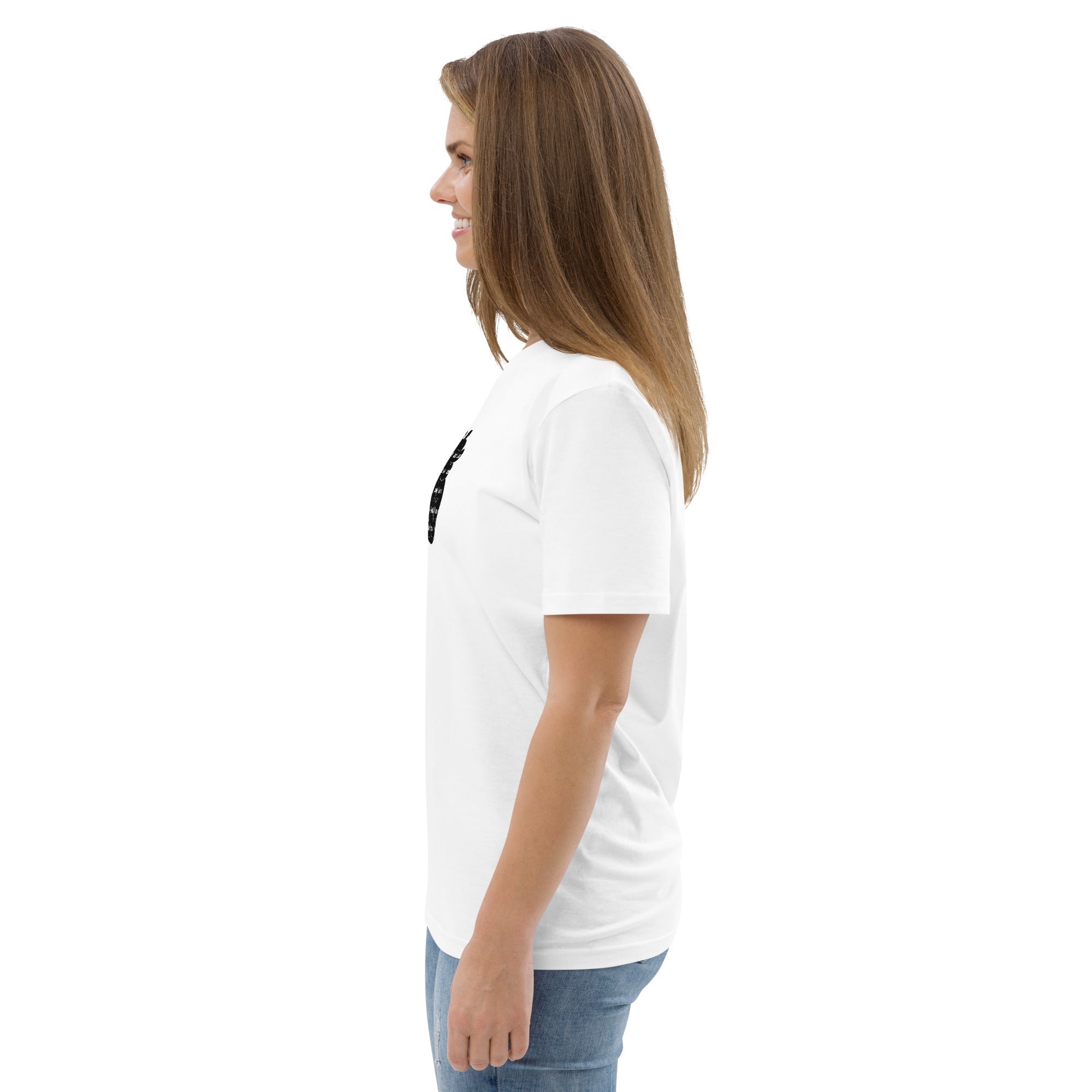 Woman in White "IN MY HEART" Organic Cotton T-Shirt Side View - Eco-Friendly, Sustainable Fashion