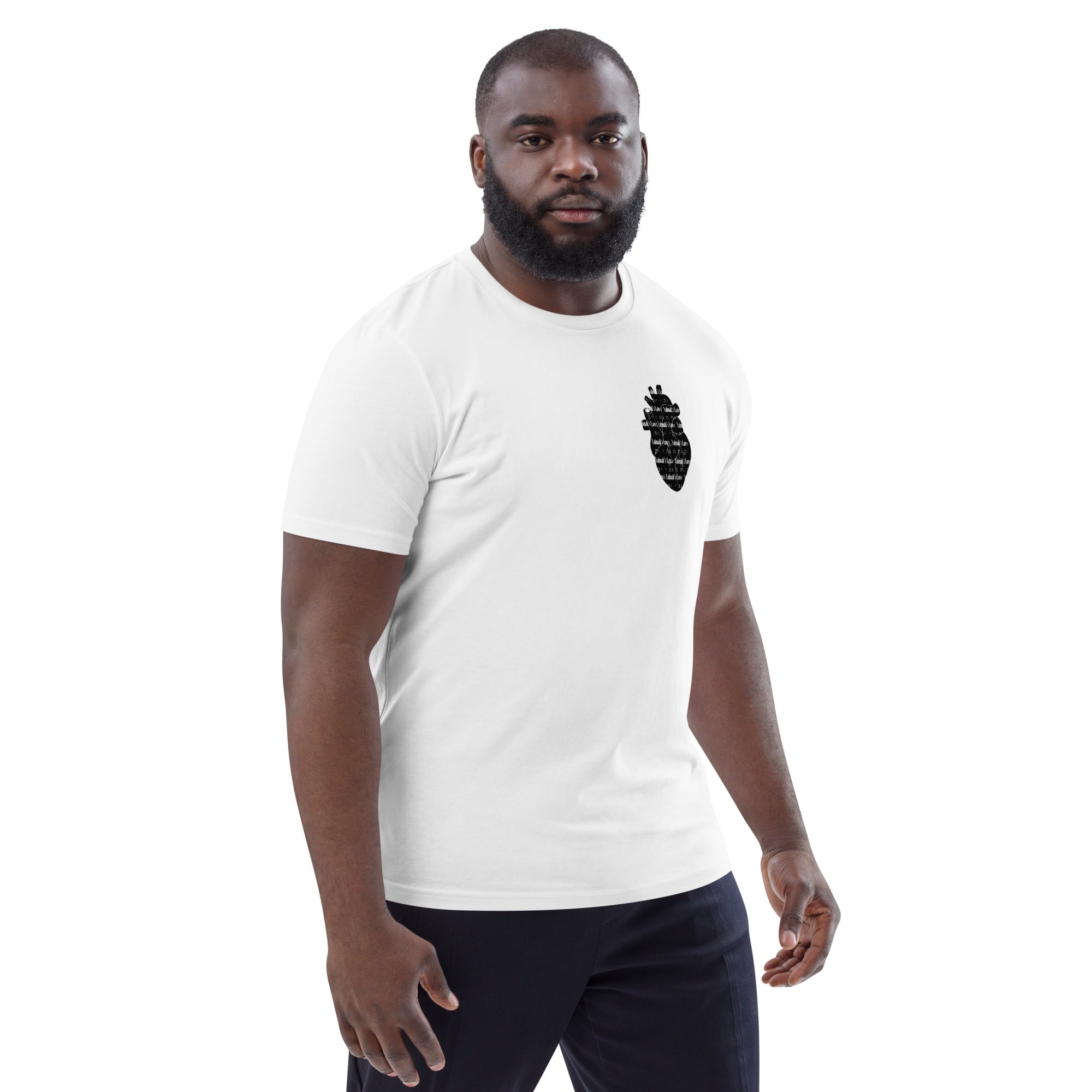Man wearing "IN MY HEART" organic cotton t-shirt from Main Street Collective. Unisex design with heart shape.