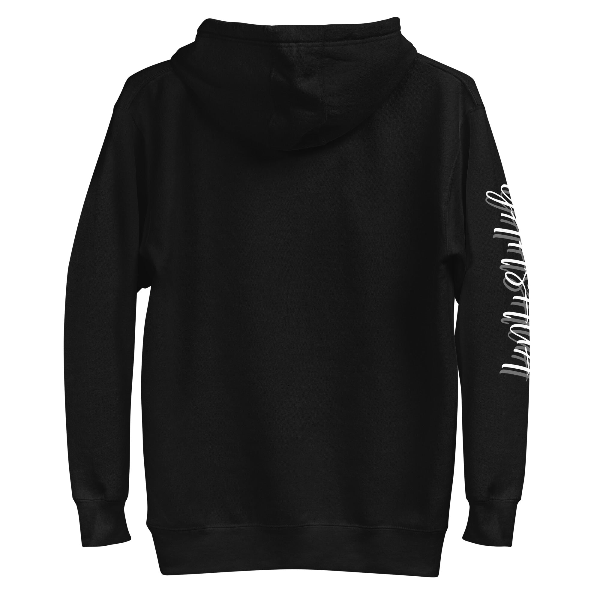 Black "WE THE RIGHTEOUS" unisex hoodie by Main Street Collective. Back view with sleeve design.
