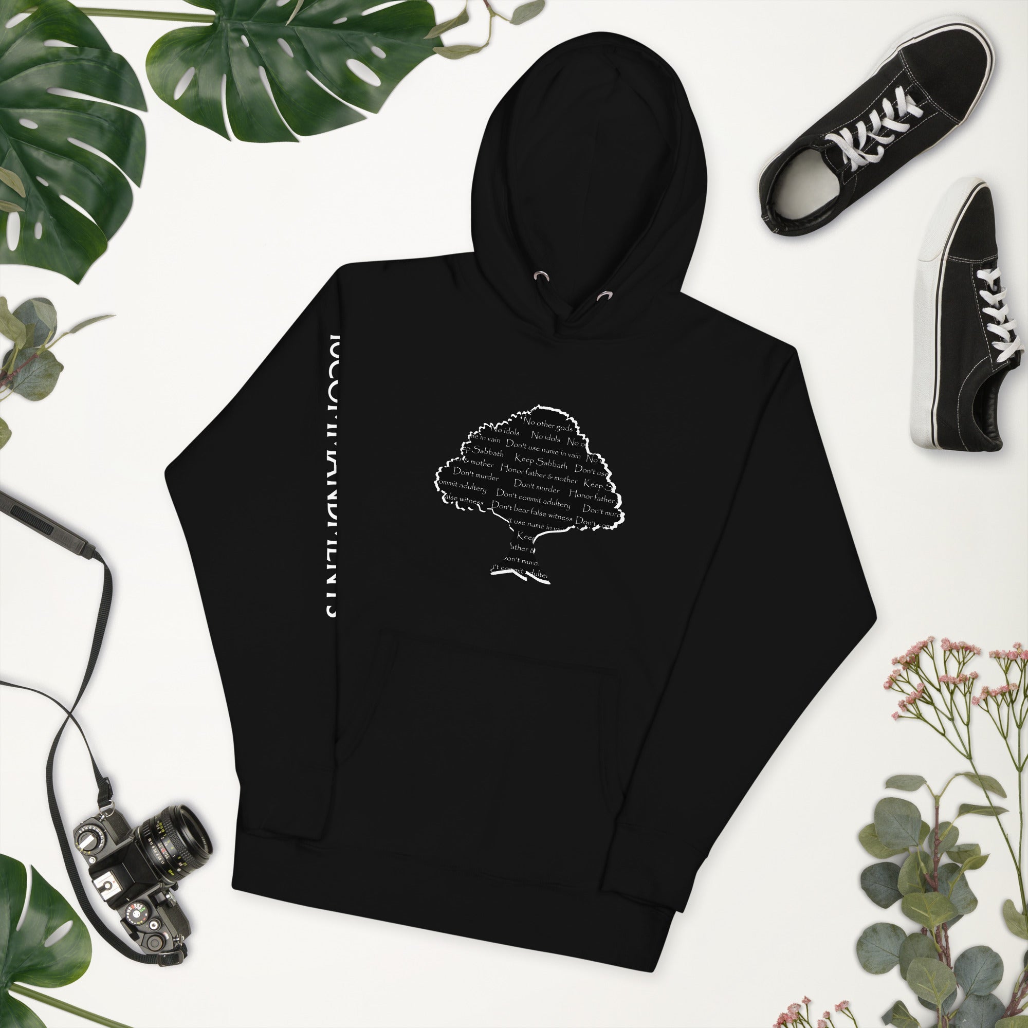 Ten Commandments Tree Hoodie, Black Unisex Pullover with Religious Graphic - Christian Clothing