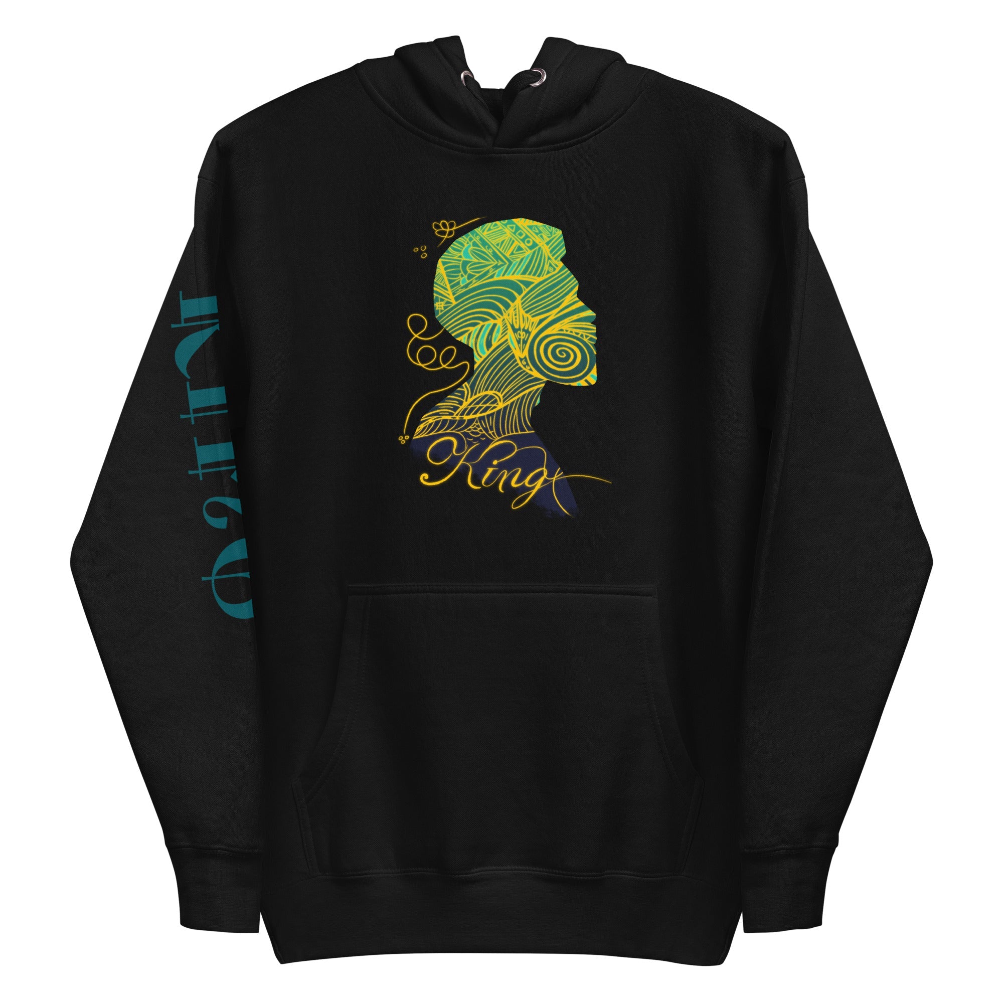 Black KING Hoodie: Long-sleeve pullover with crowned man graphic by Main Street Collective.