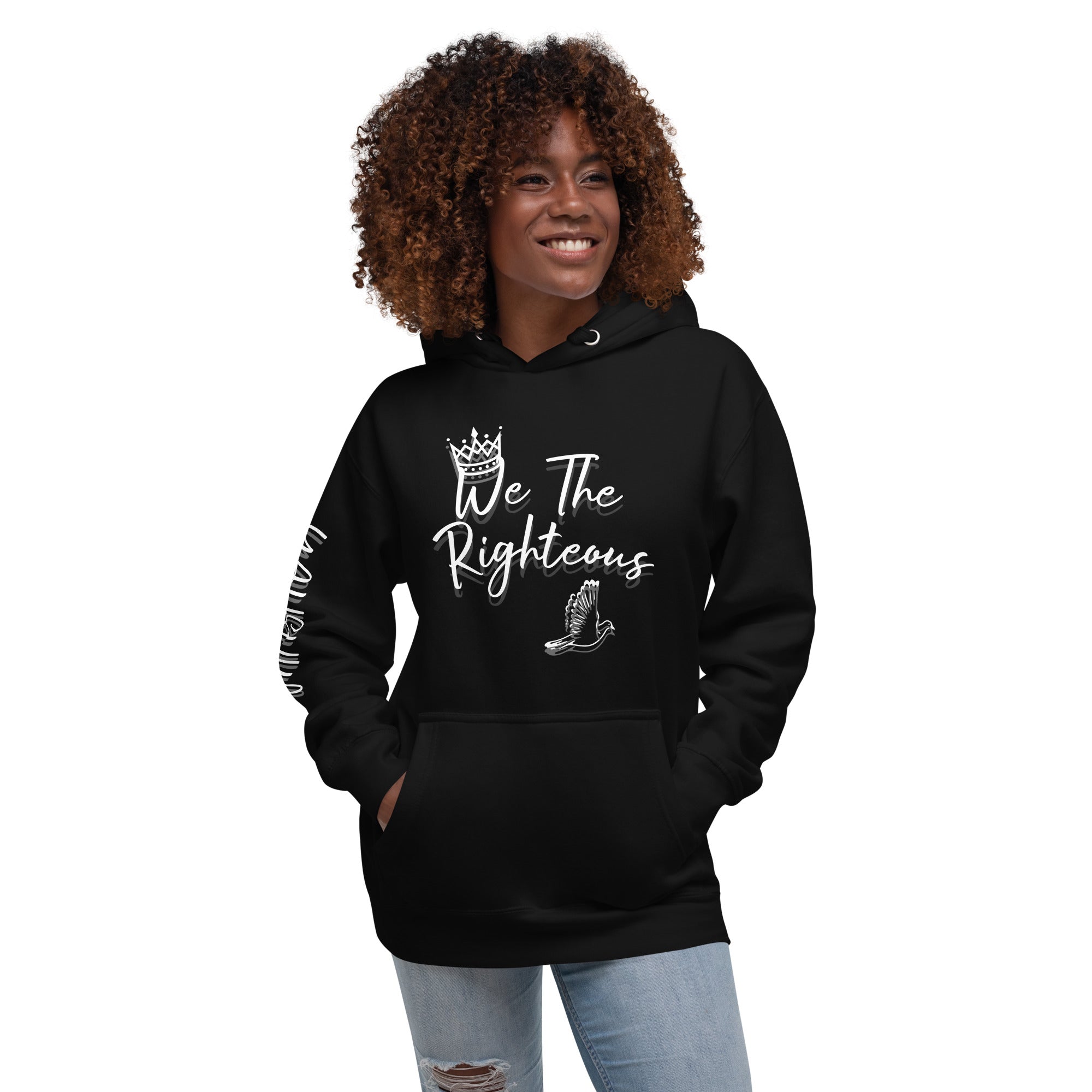 Woman wearing black "We The Righteous" hoodie from Main Street Collective. Religious apparel, unisex fashion.