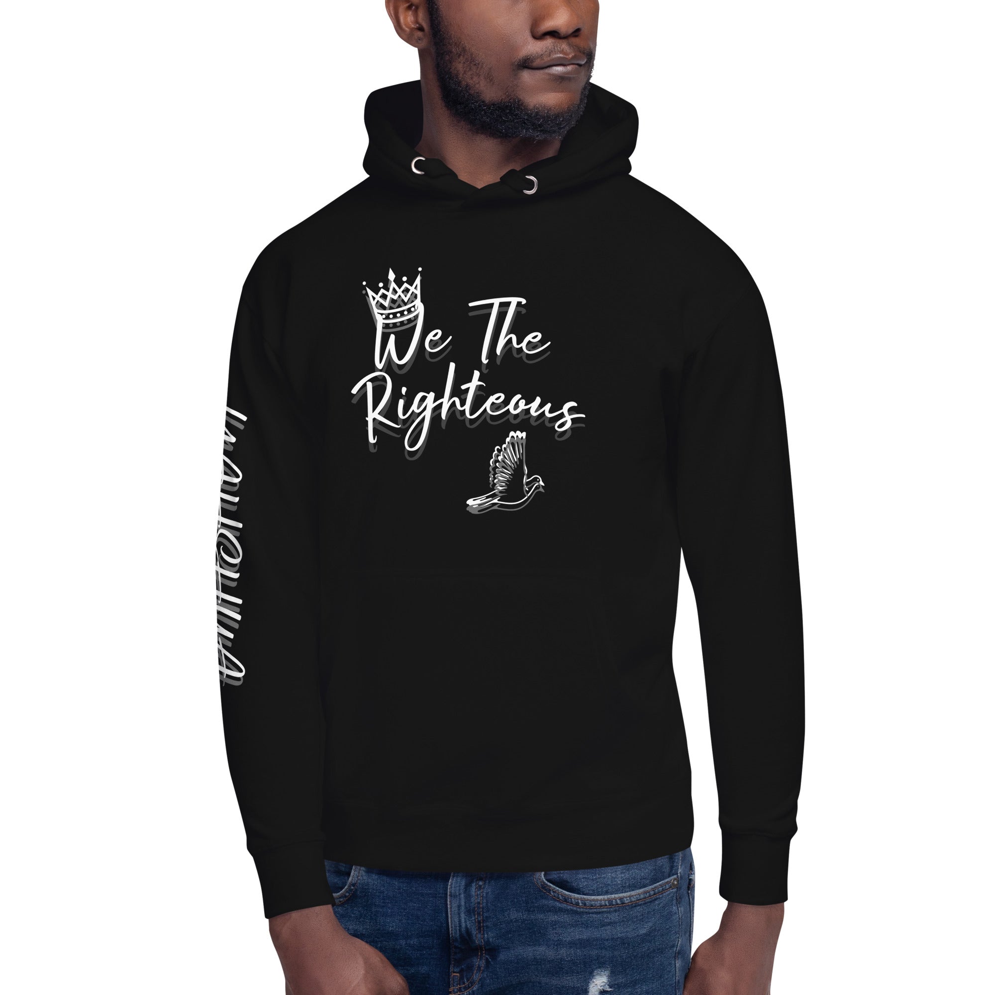 Black "We The Righteous" Hoodie: Crown, Dove Design. Unisex Pullover Modeled. Streetwear Fashion