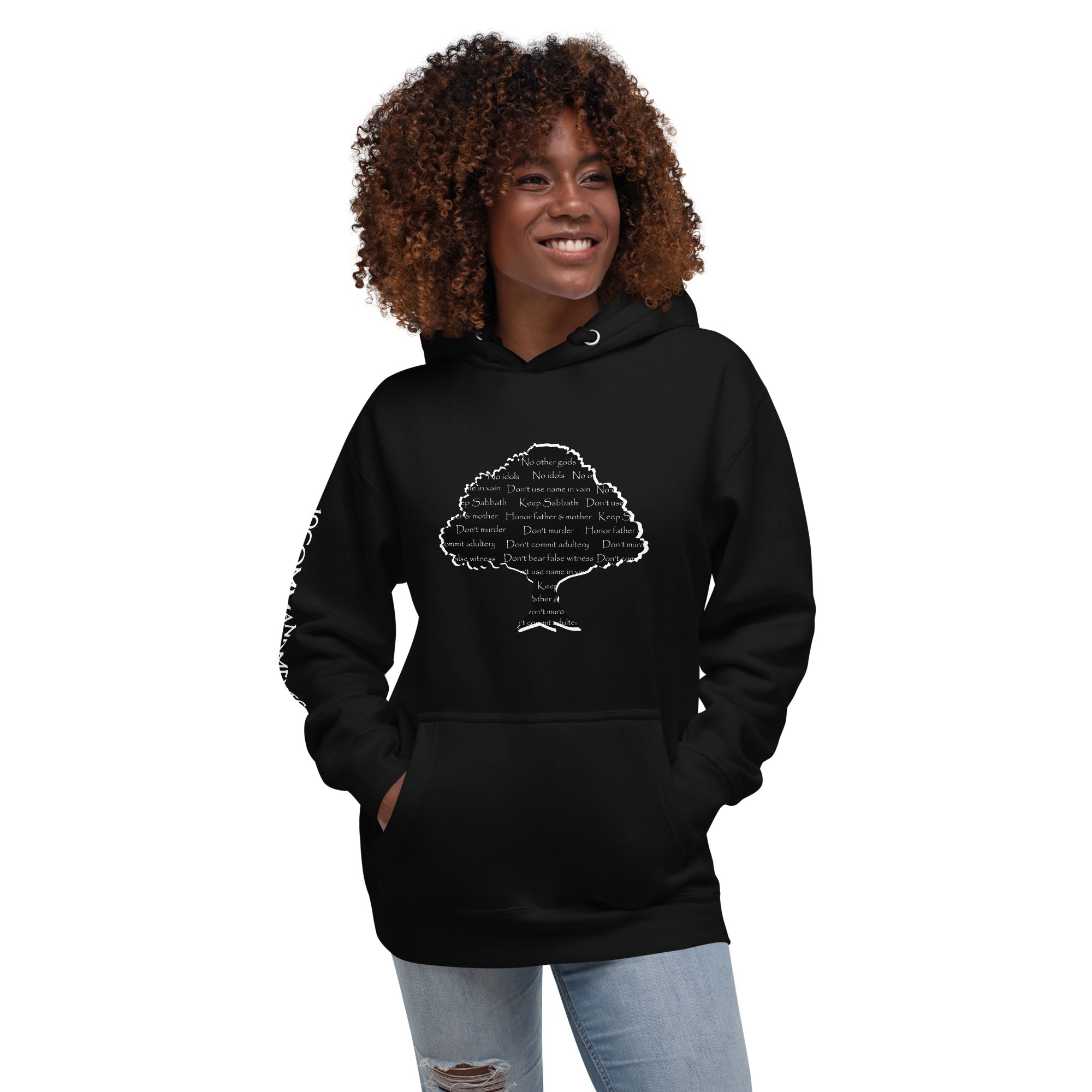 Black Unisex Hoodie with Ten Commandments Tree Design - African American woman modeling religious apparel