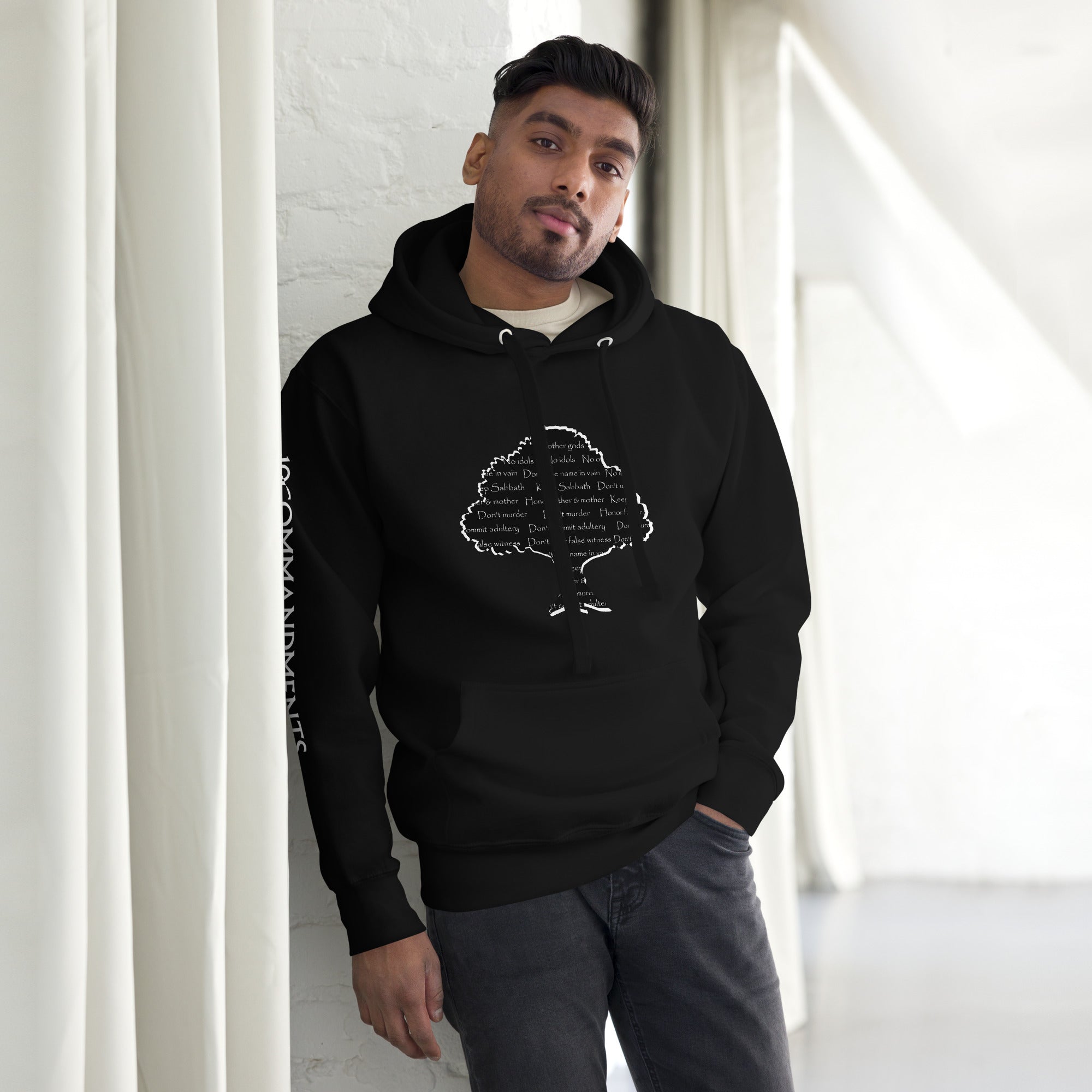 Ten Commandments Tree Hoodie - Unisex Black Pullover with Religious Graphic