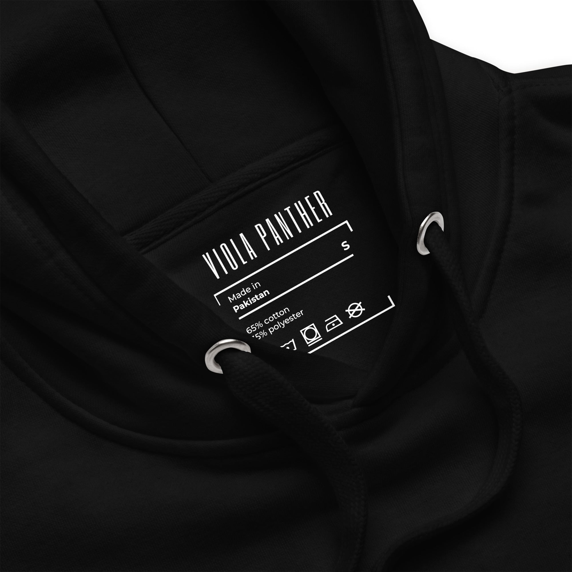 Viola Panther Black Hoodie Tag: Size S, Made in Pakistan, 65% Cotton, Clothing Label Close-Up