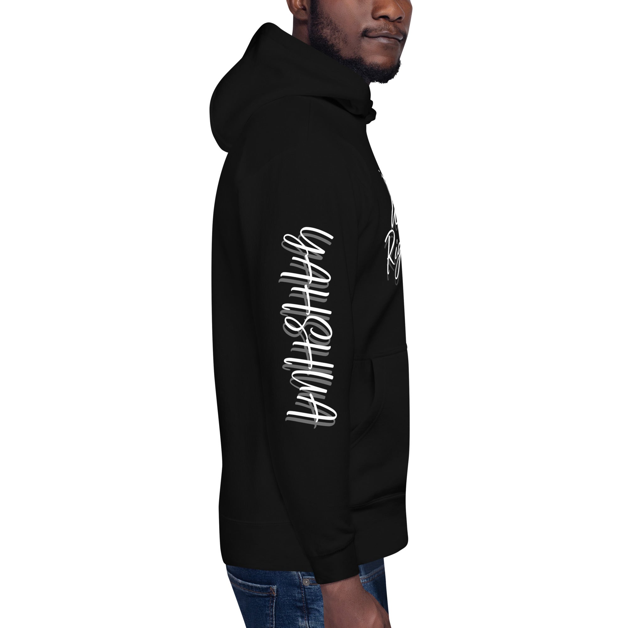 Black "We the Righteous" unisex hoodie by Main Street Collective with sleeve text and design. Christian apparel.