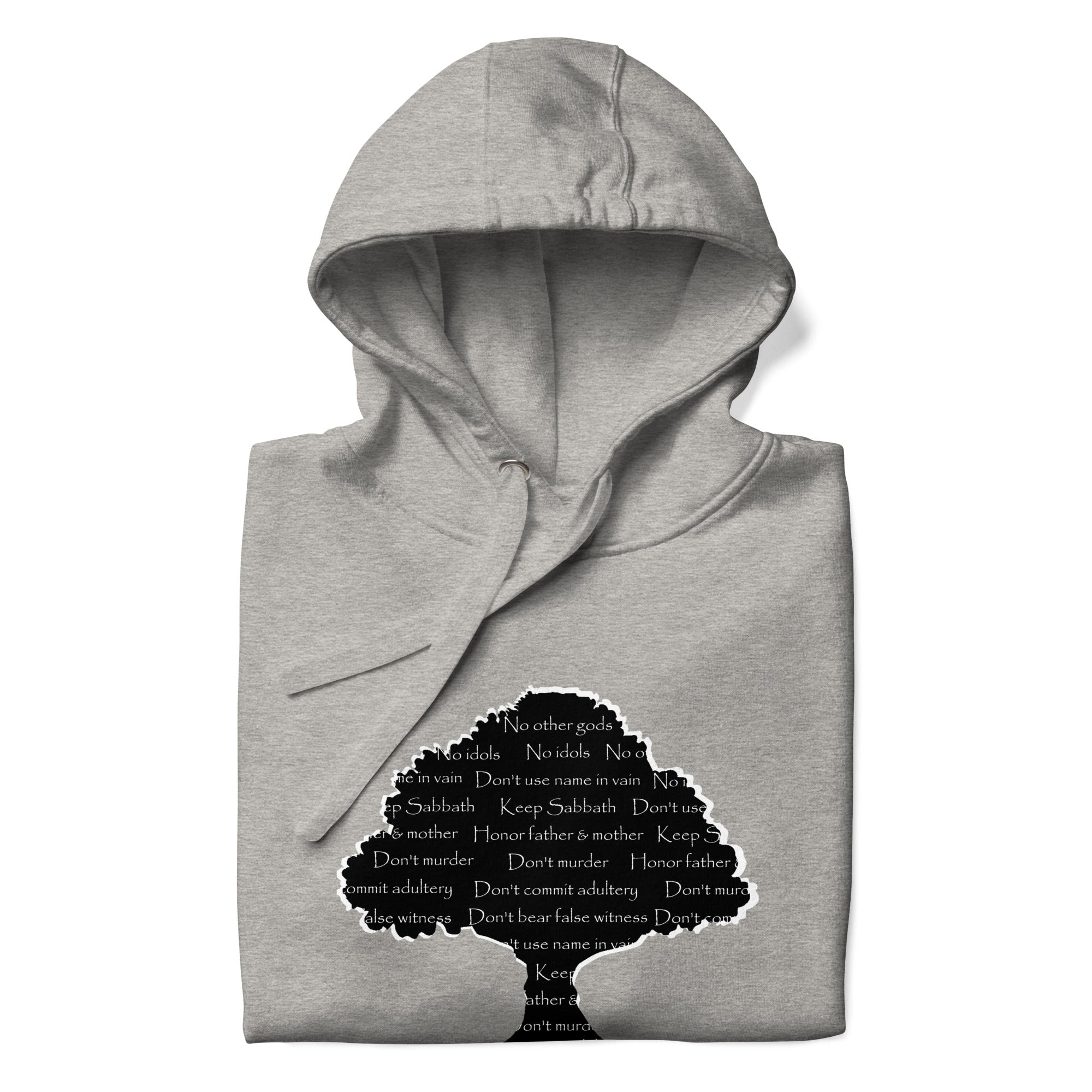 Ten Commandments Tree Hoodie: Gray unisex hoodie with tree graphic featuring the Ten Commandments. Shop Main Street Collective!