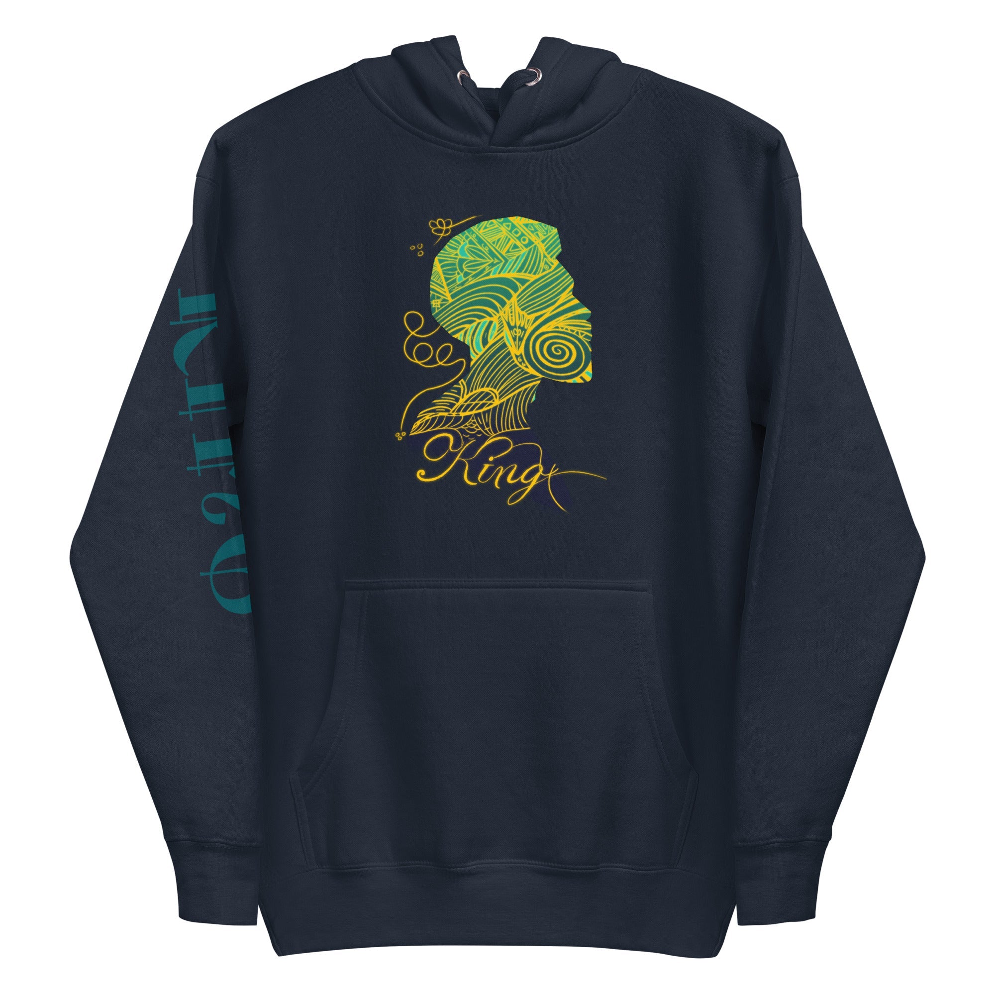 Navy blue "King" hoodie featuring a crowned man graphic & sleeve print by Main Street Collective - stylish, comfy sweatshirt.