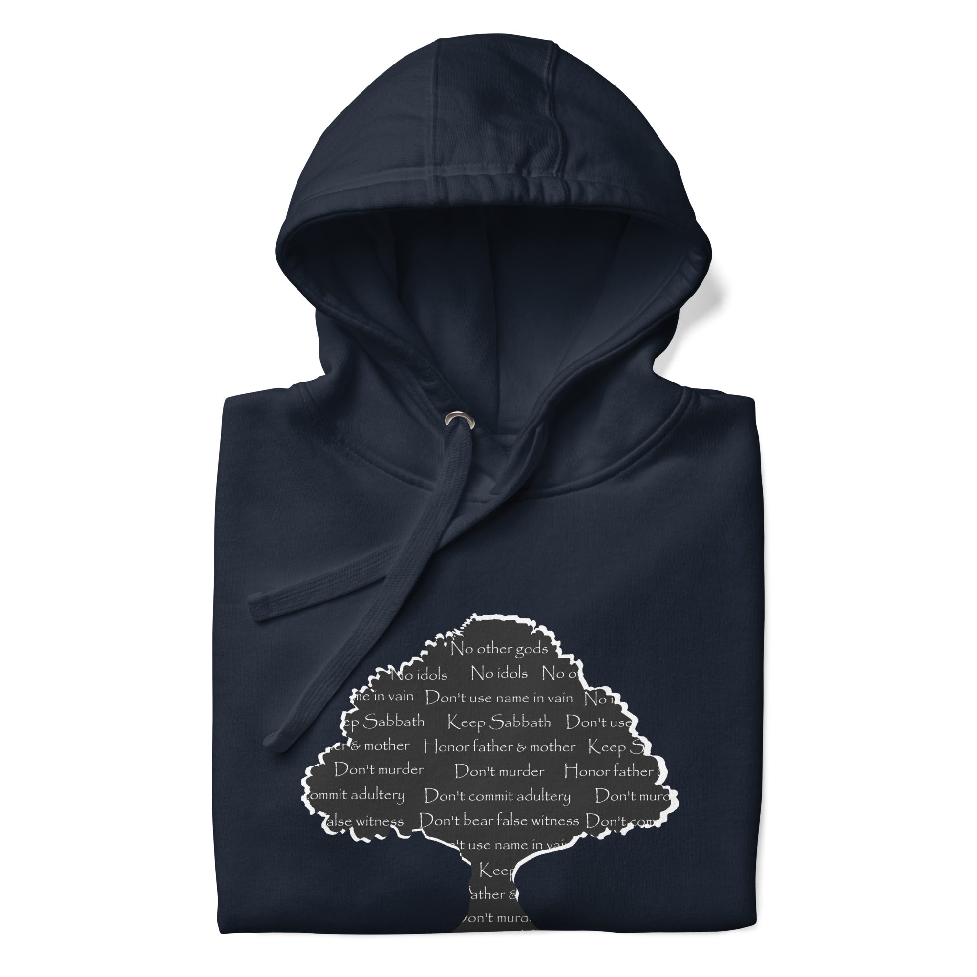 Navy Hoodie with Ten Commandments Tree Design | Unisex Christian Apparel