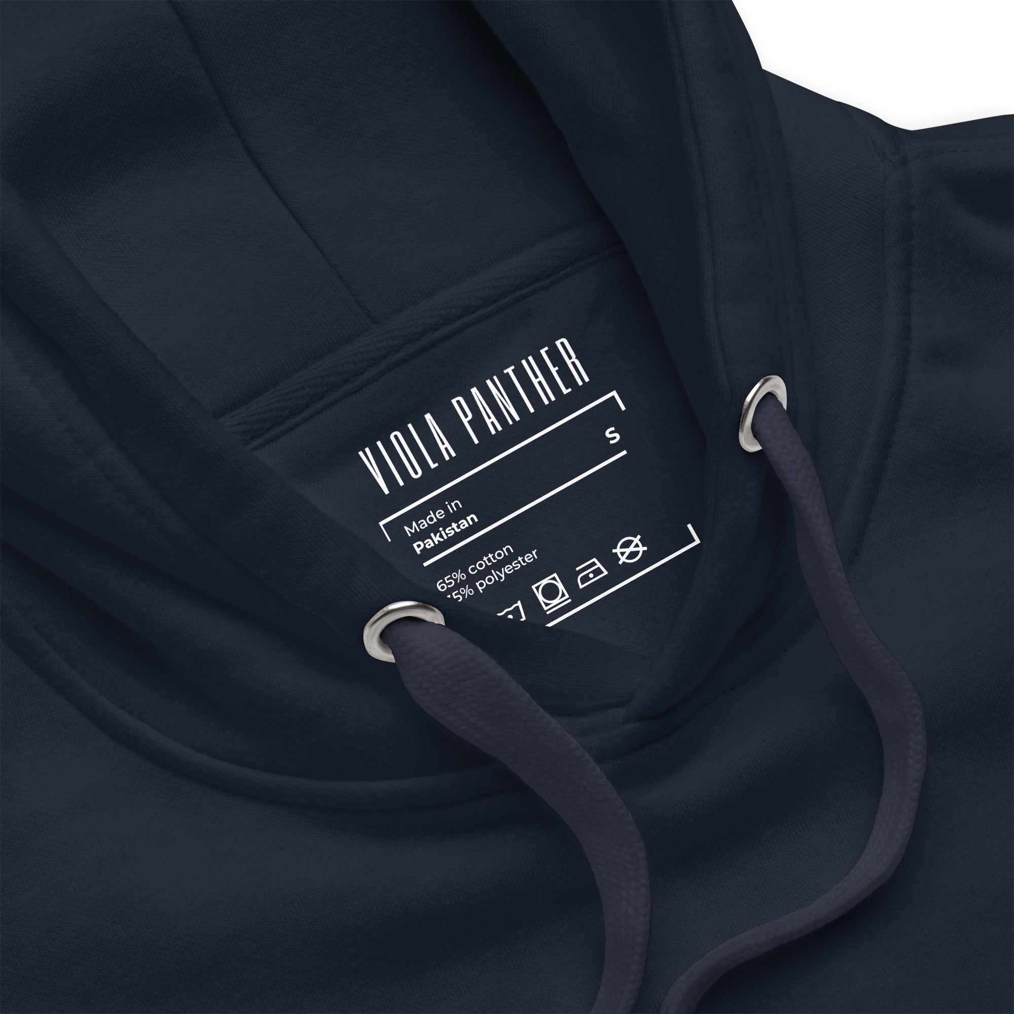 Navy blue Viola Panther hoodie tag: Size S, Made in Pakistan, 65% cotton, 35% polyester fabric details and garment care instructions.