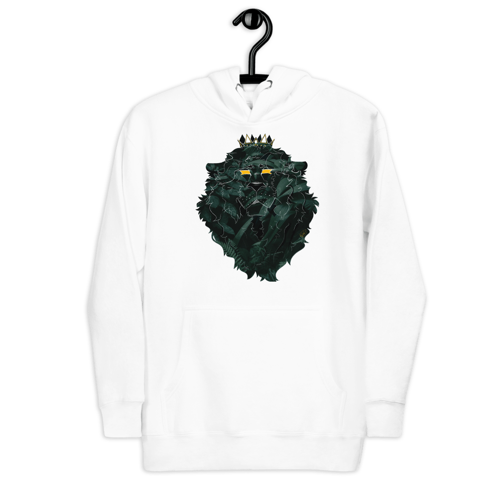 White Hoodie with Green Lion Leaf Design Crown, Unisex Streetwear - Main Street Collective
