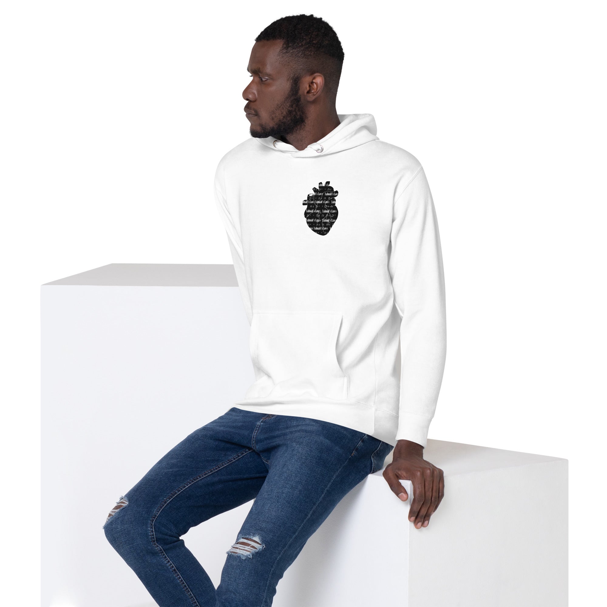 Man Wearing White "YAHUAH'S LAWS" Hoodie: Unisex Pullover with Heart Design, Fashionable & Comfortable. Men's clothing